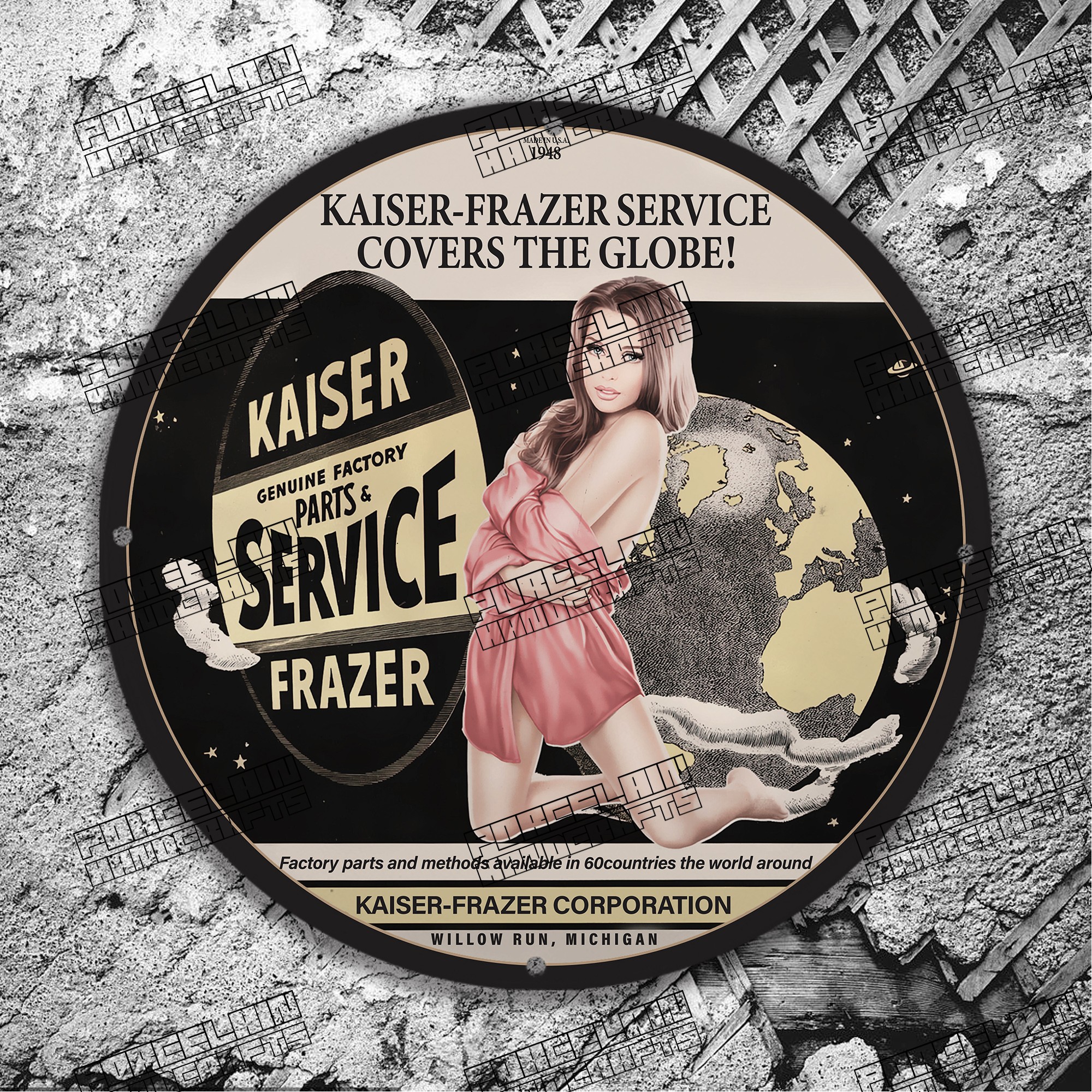 PINUP KAISER FRAZER PARTS SERVICE WILLOW RUN PORCELAIN SIGN