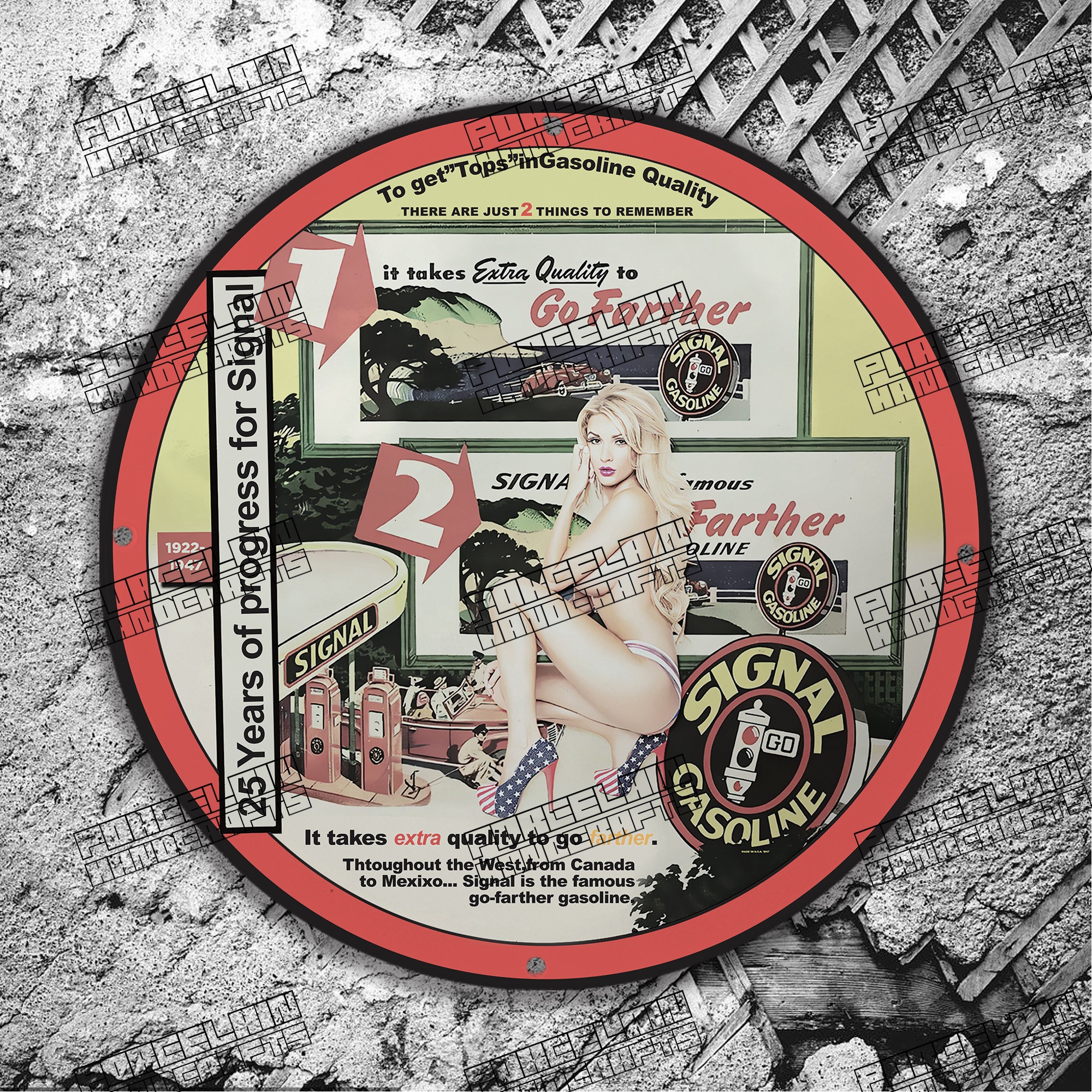 PINUP 25 YEARS OF PROGRESS FOR SIGNAL GASOLINE PORCELAIN SIGN