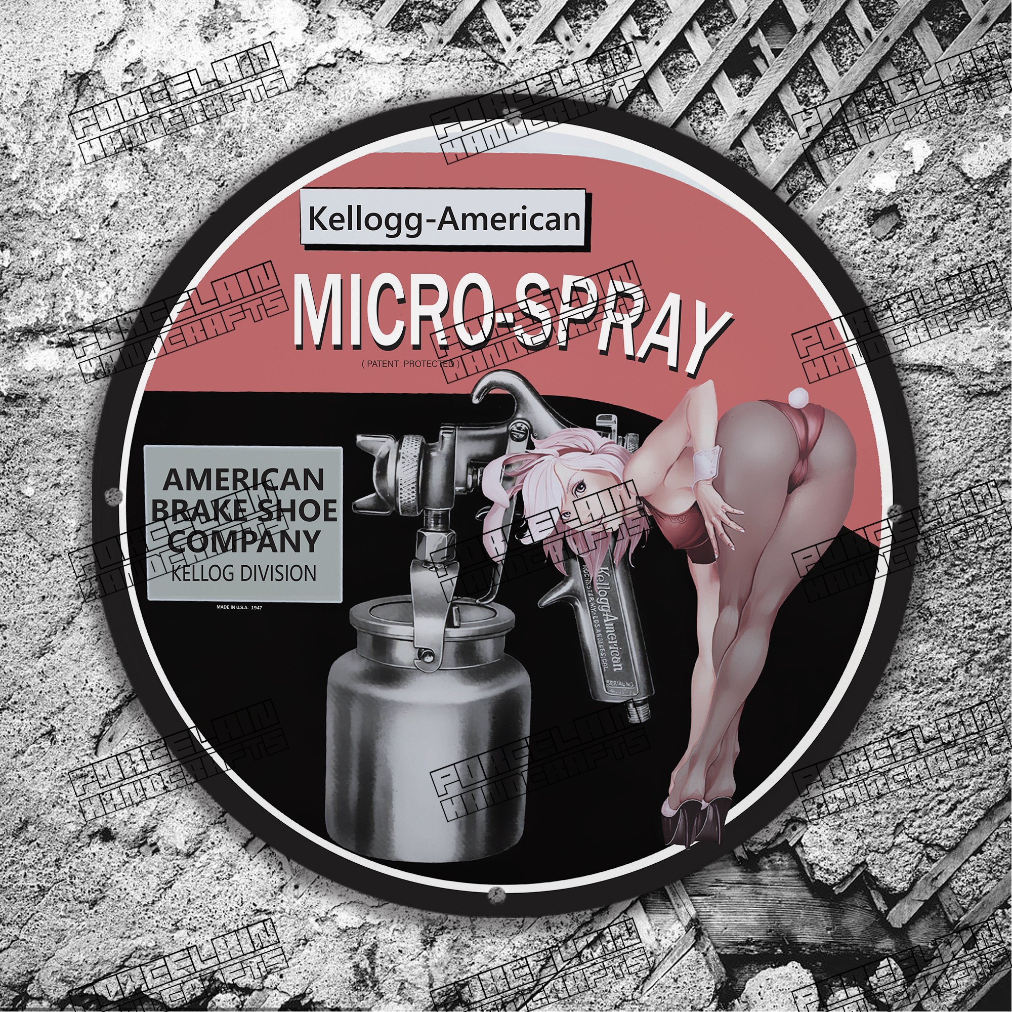PINUP KELLOGG AMERICAN MICRO SPRAY PORCELAIN SIGN
