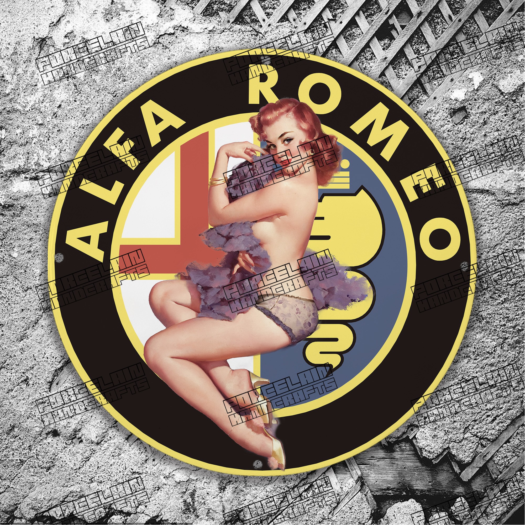 PINUP ALFA ROMEO CAR PORCELAIN SIGN