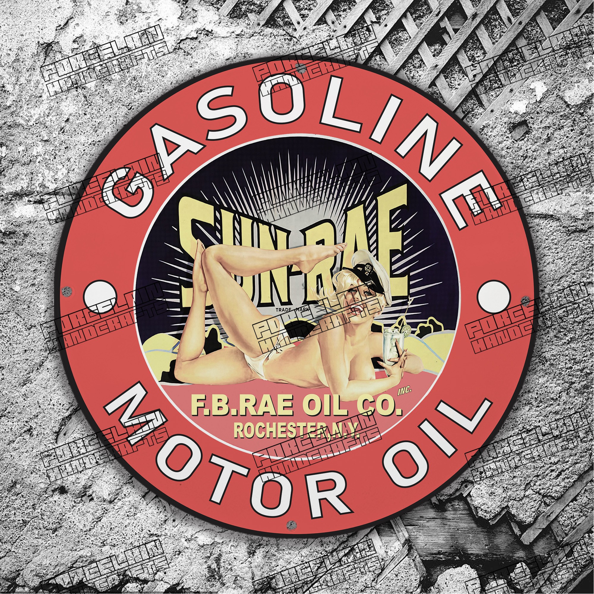 PINUP GASOLINE MOTOR OIL SUNRAE PORCELAIN SIGN