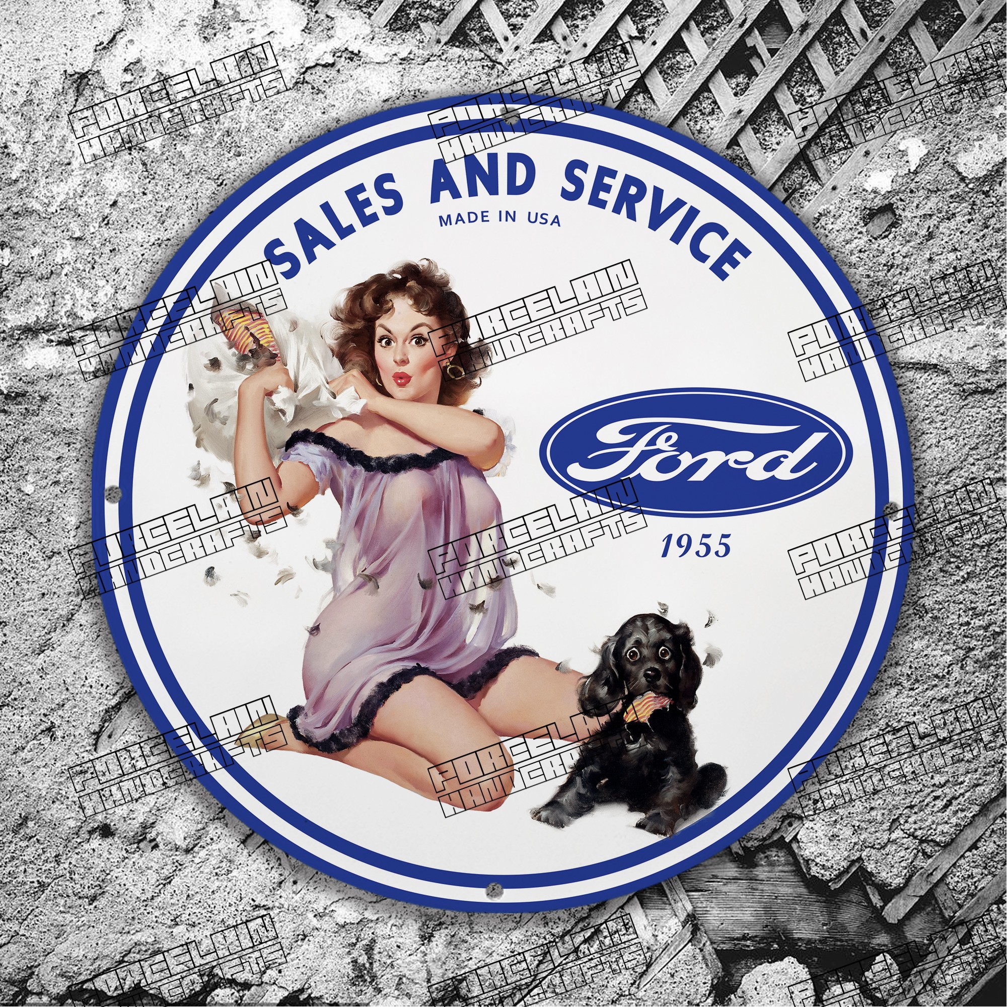 PINUP SALES AND SERVICE FORD 1955 DOG PORCELAIN SIGN