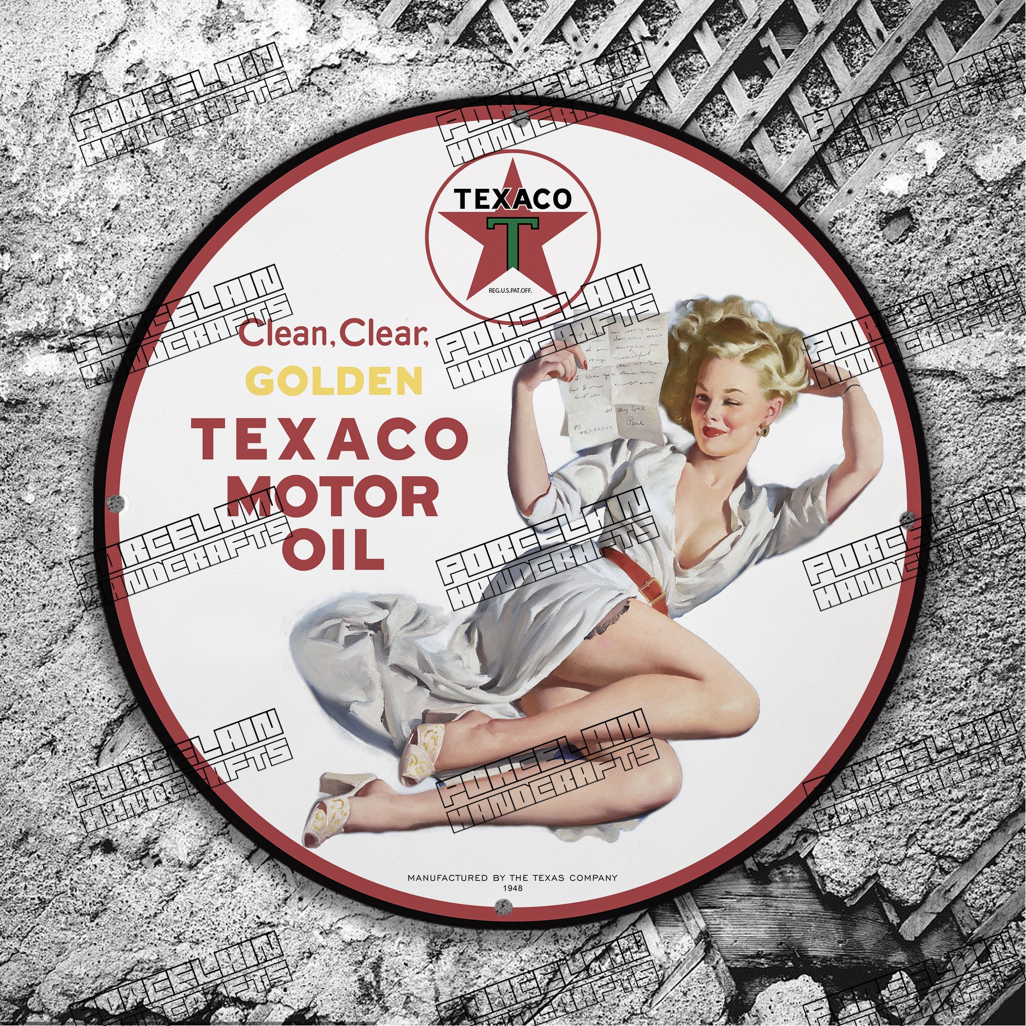 PINUP CLEAN CLEAR GOLDEN TEXACO MOTOR OIL PORCELAIN SIGN