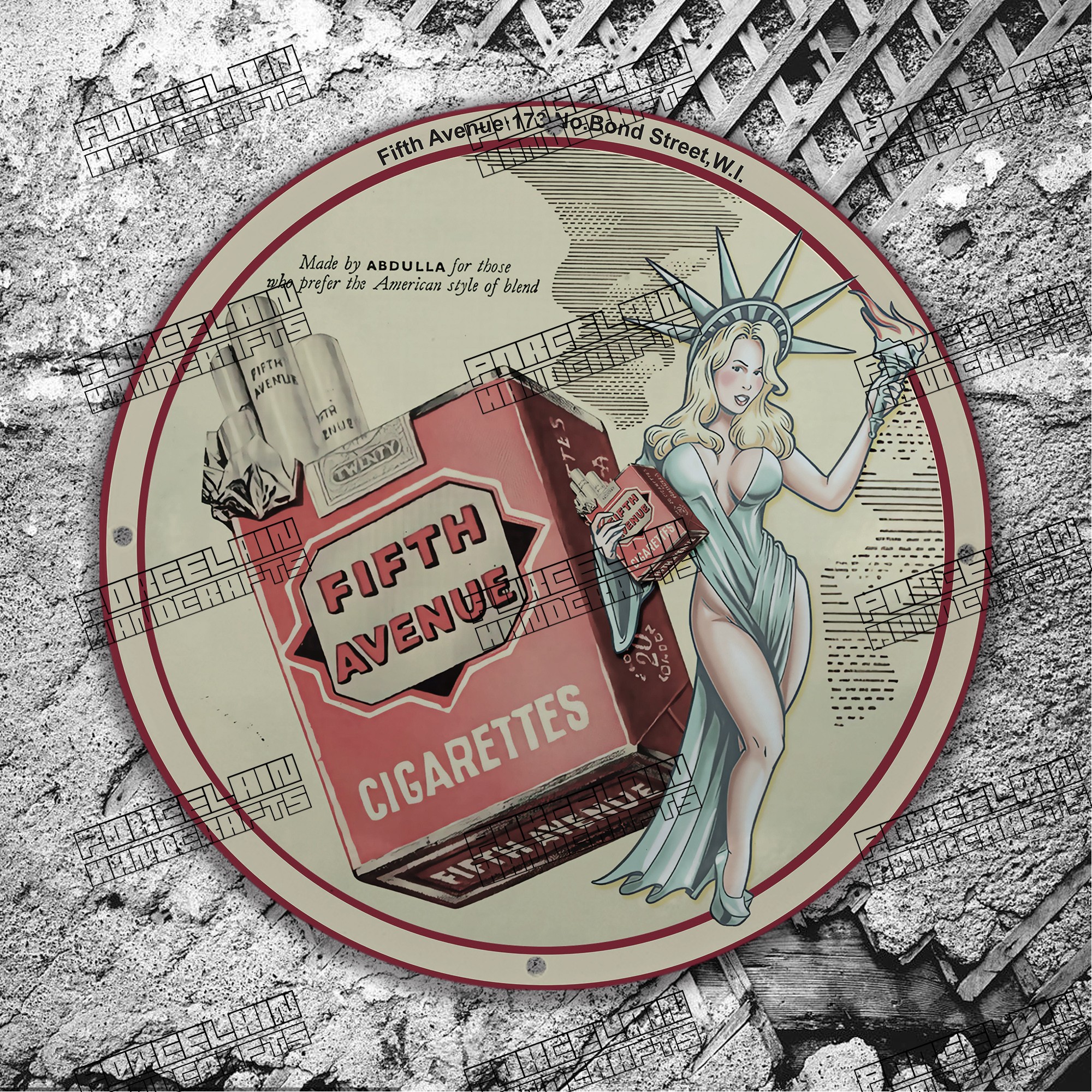 PINUP FIFTH AVENUE CIGARETTES PORCELAIN SIGN