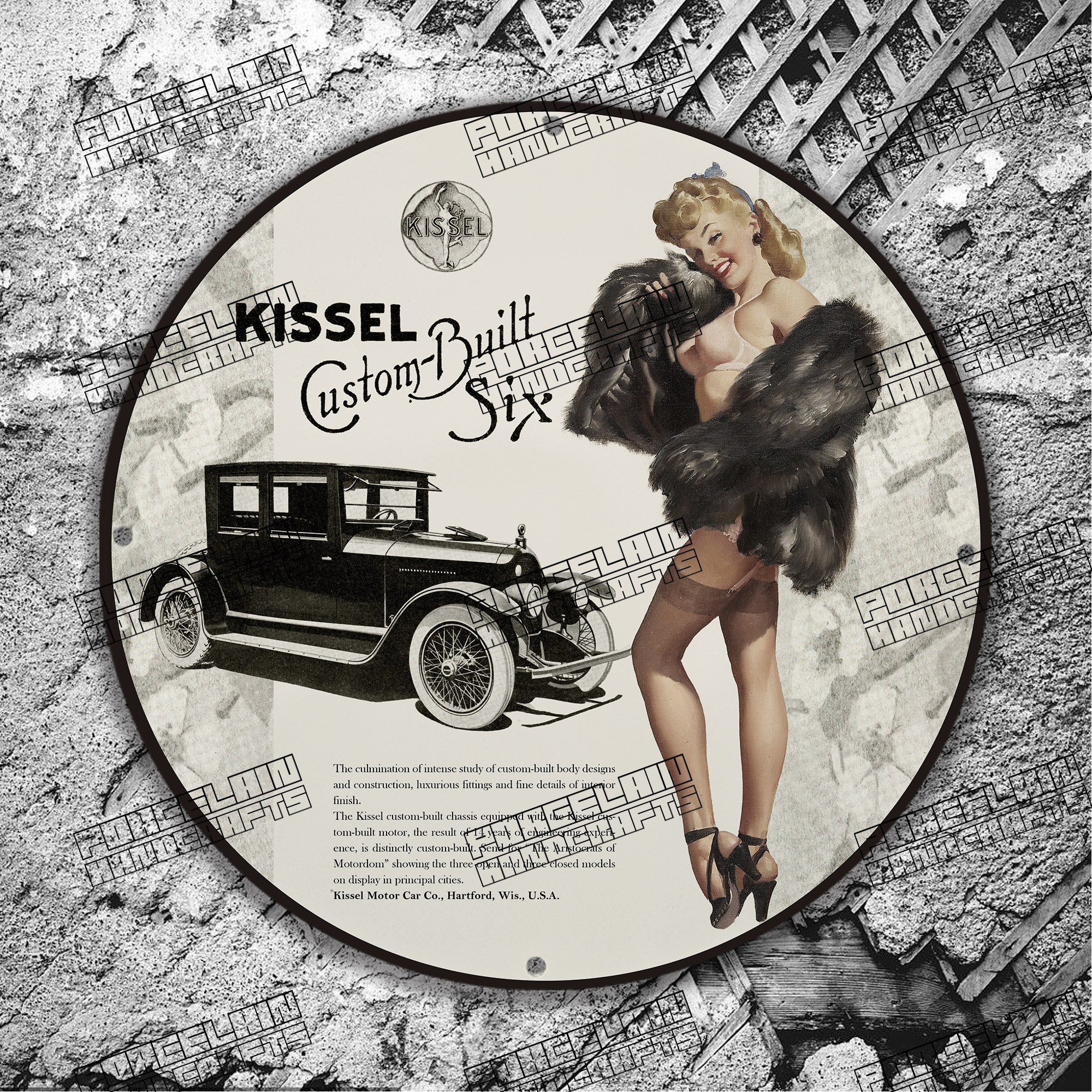 PINUP KISSEL CUSTOM BUILT SIX WIS USA PORCELAIN SIGN