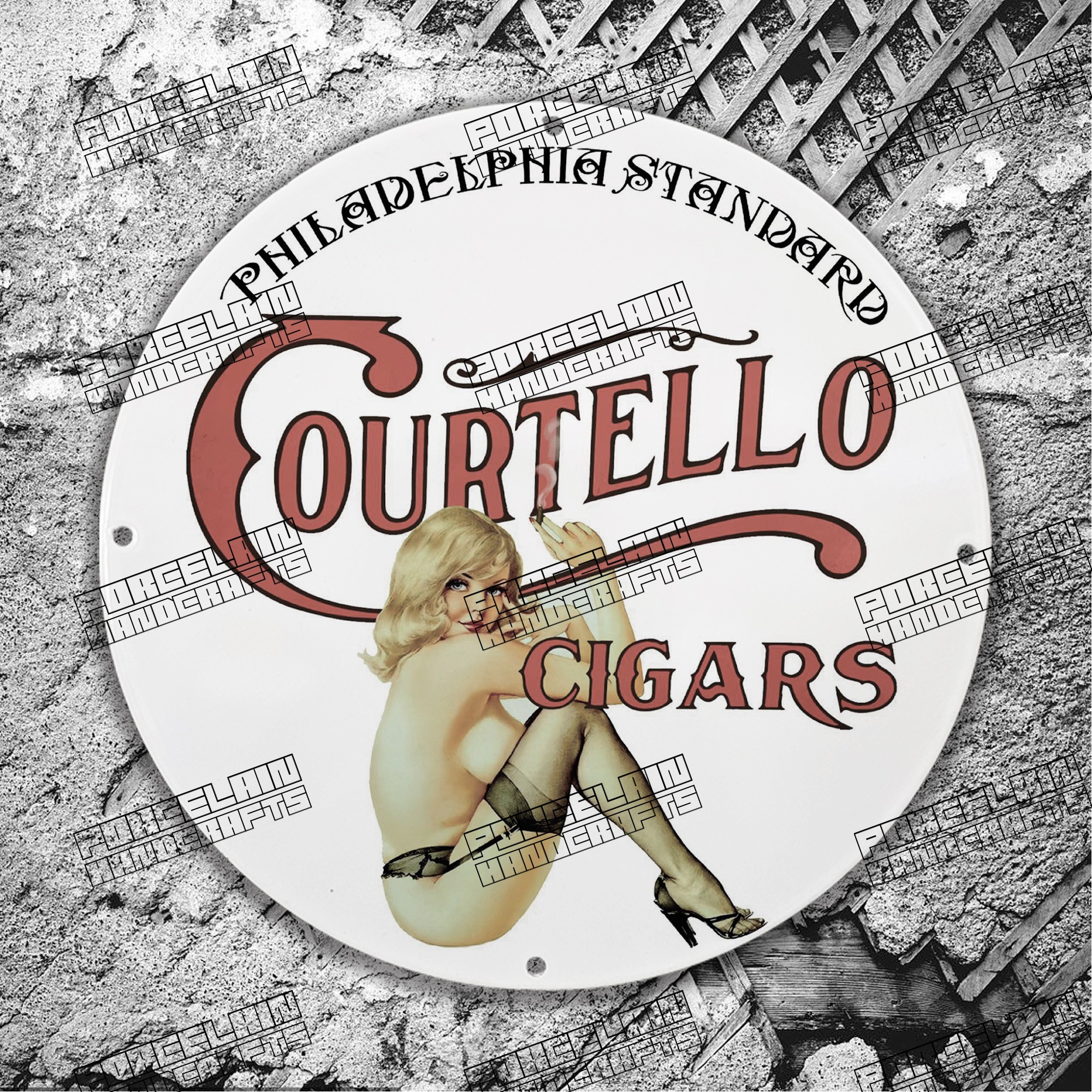 PINUP COURTELLO CIGARS WHITE STANDARD PORCELAIN SIGN