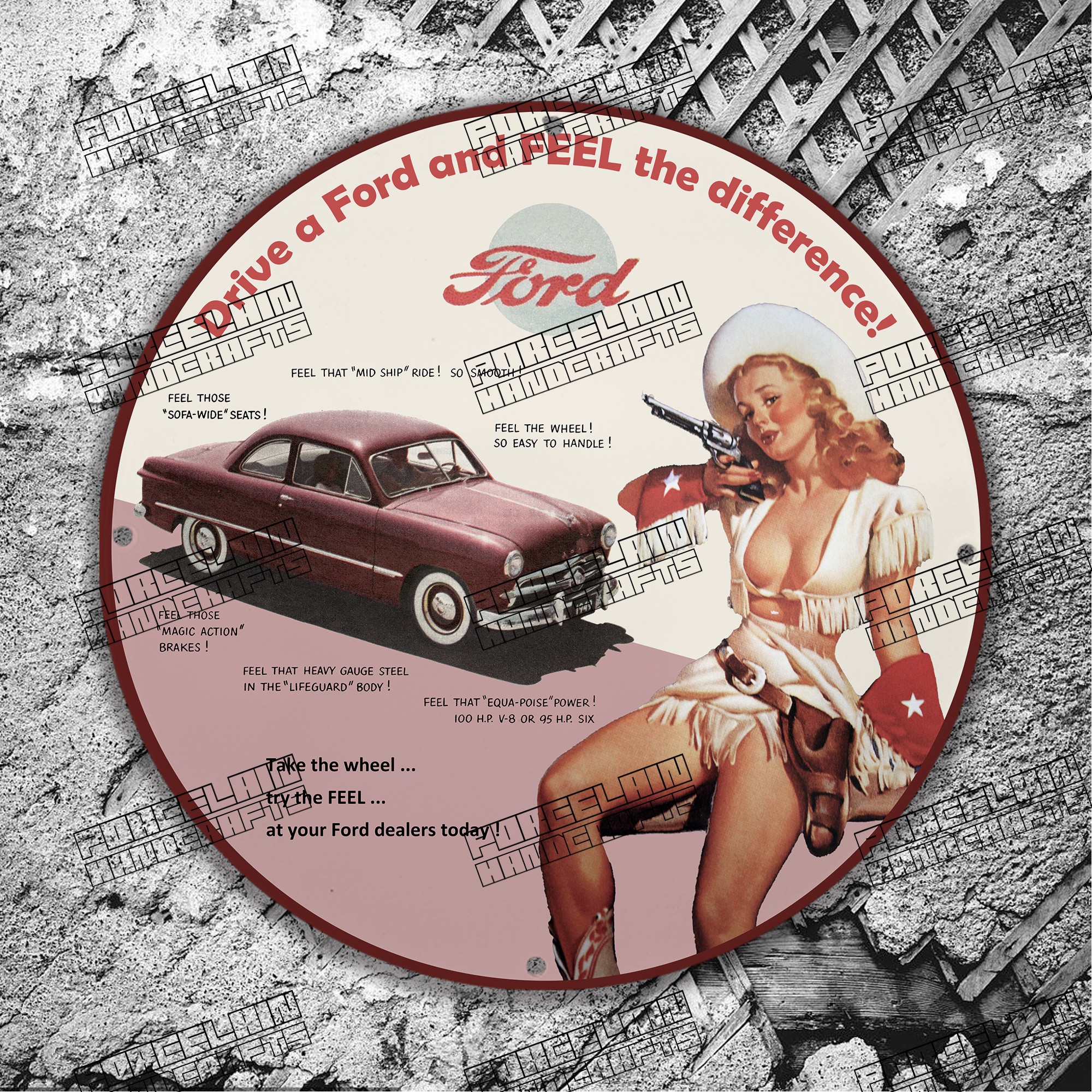 PINUP DRIVE A FORD AND FEEL THE DIFFERENCE PORCELAIN SIGN