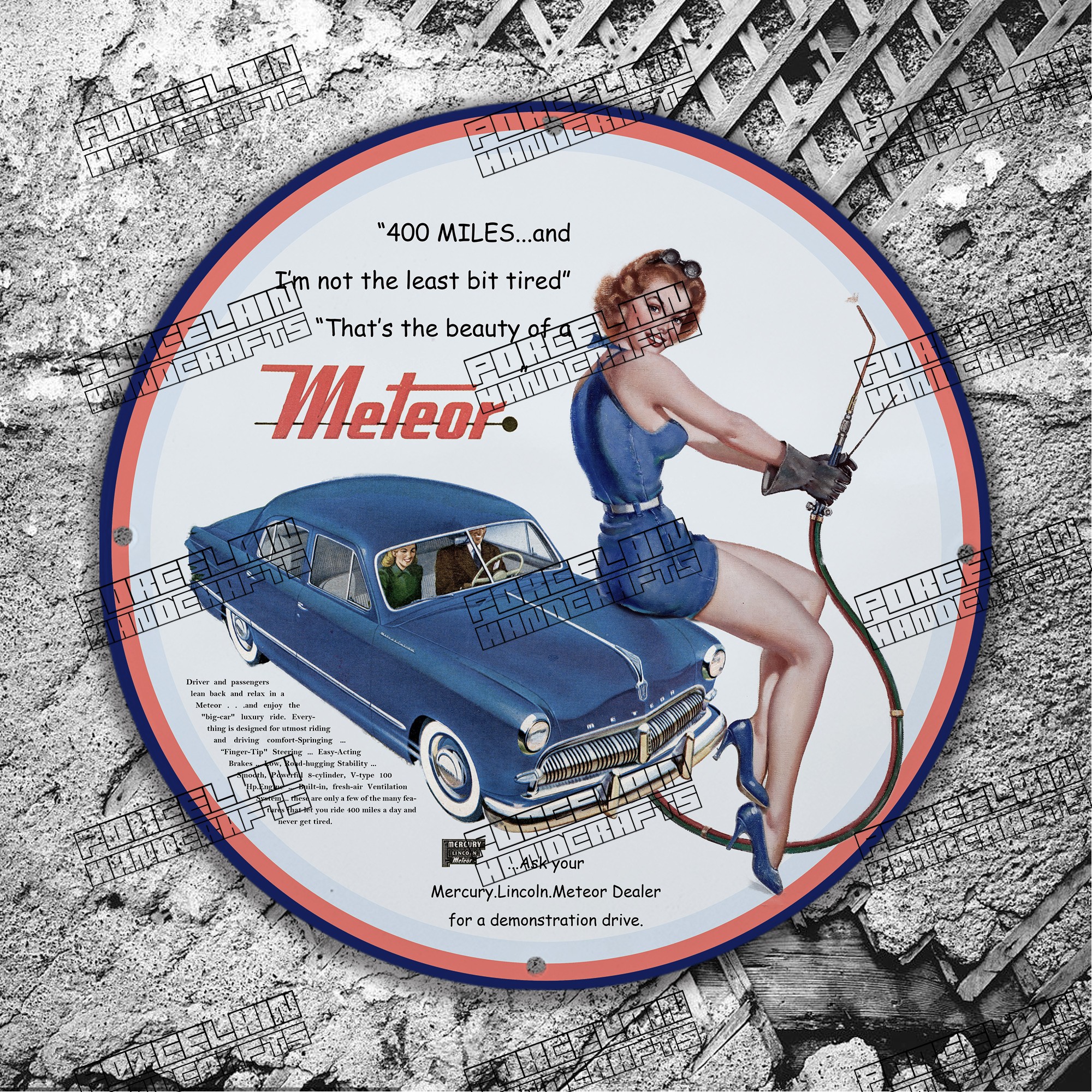 PINUP METEOR 400 MILES BLUE CAR PORCELAIN SIGN
