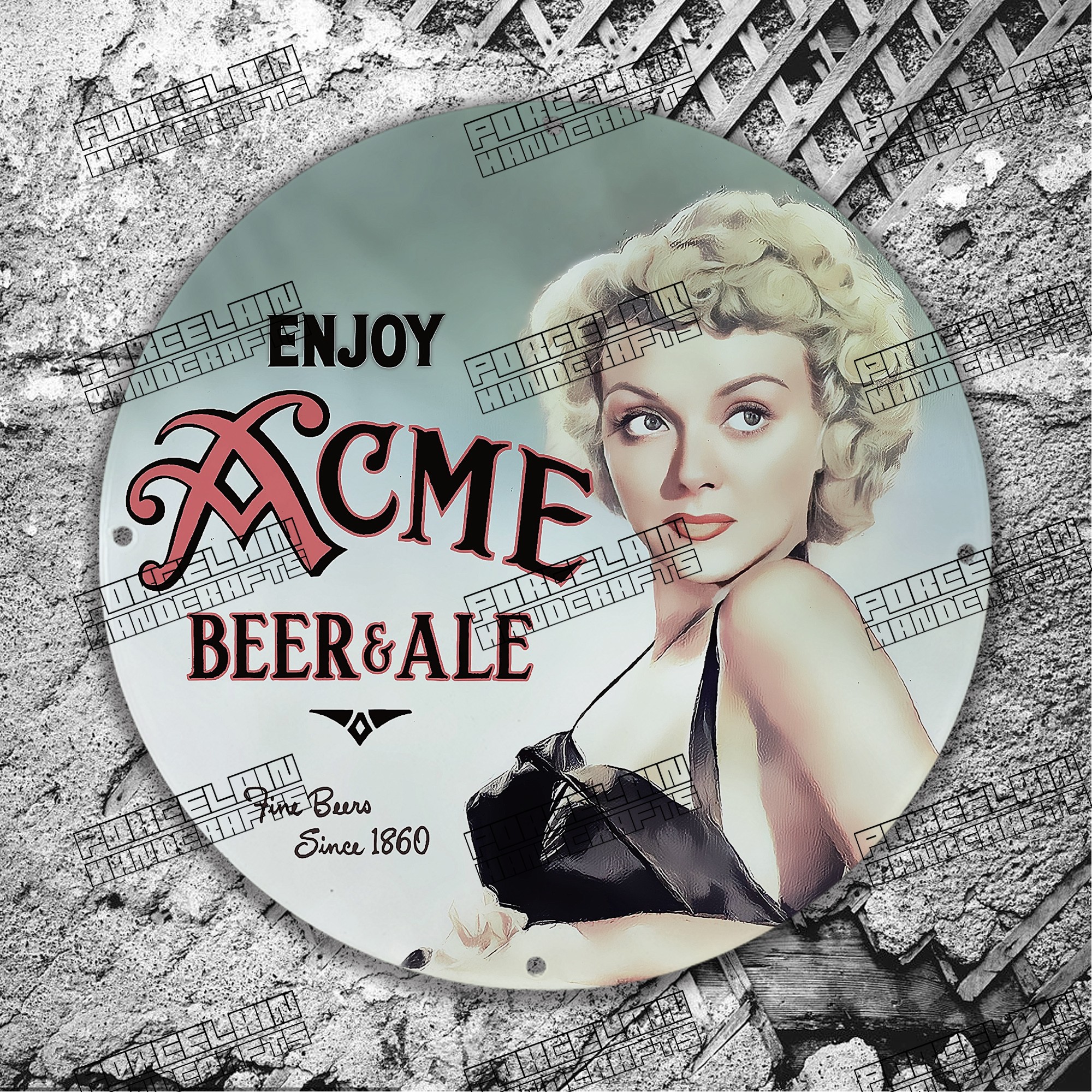 PINUP ENJOY ACME BEER ALE SINCE 1860 PORCELAIN SIGN