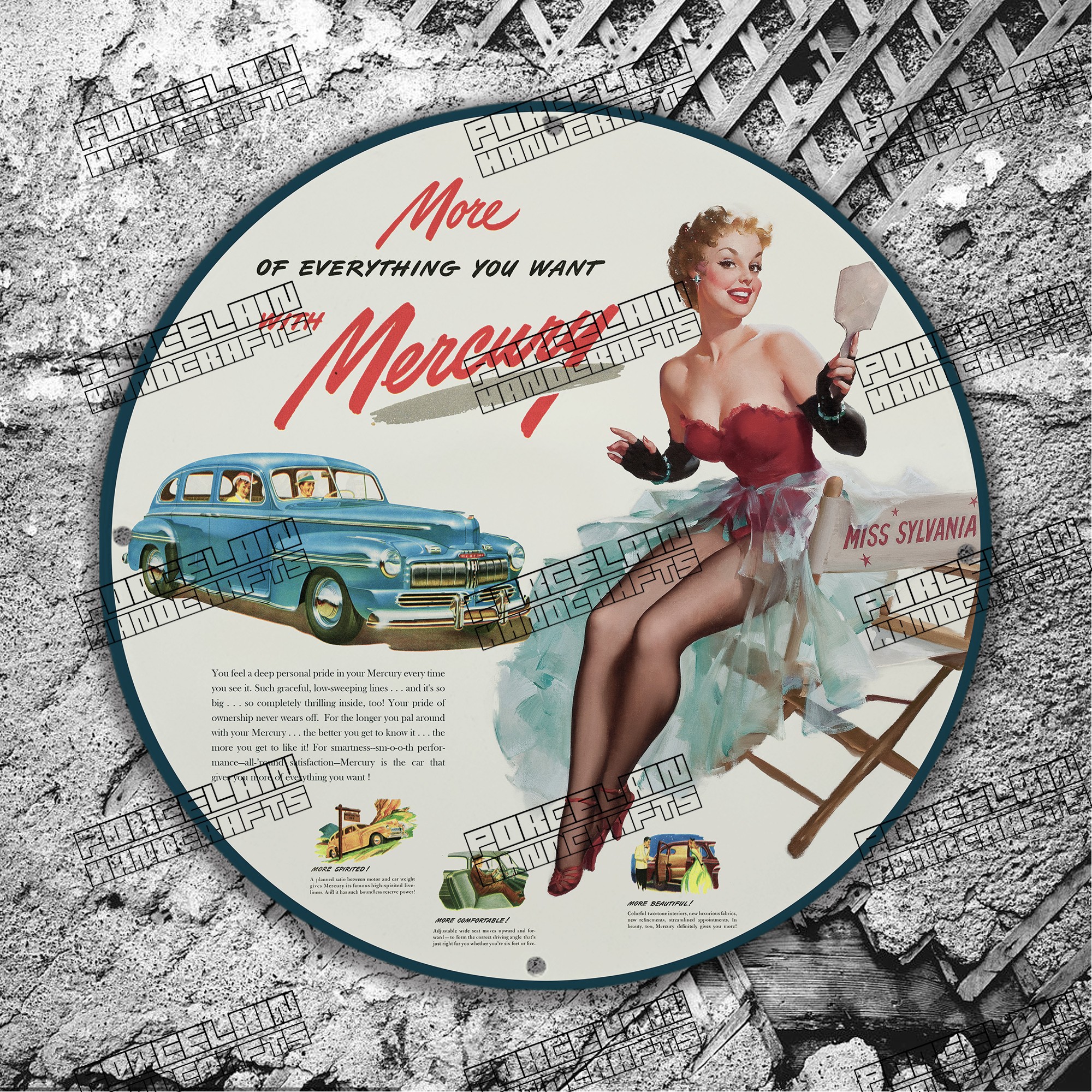 PINUP MORE MISS SYLVANIA MERCURY PORCELAIN SIGN