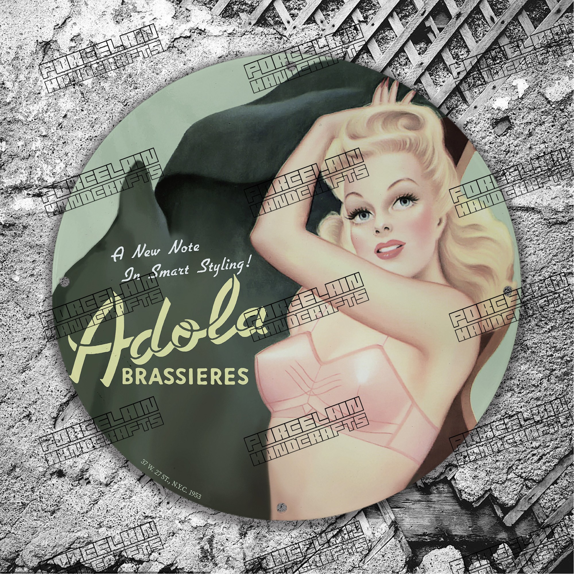 PINUP GREEN ADOLA BRASSIERES 1953 PORCELAIN SIGN