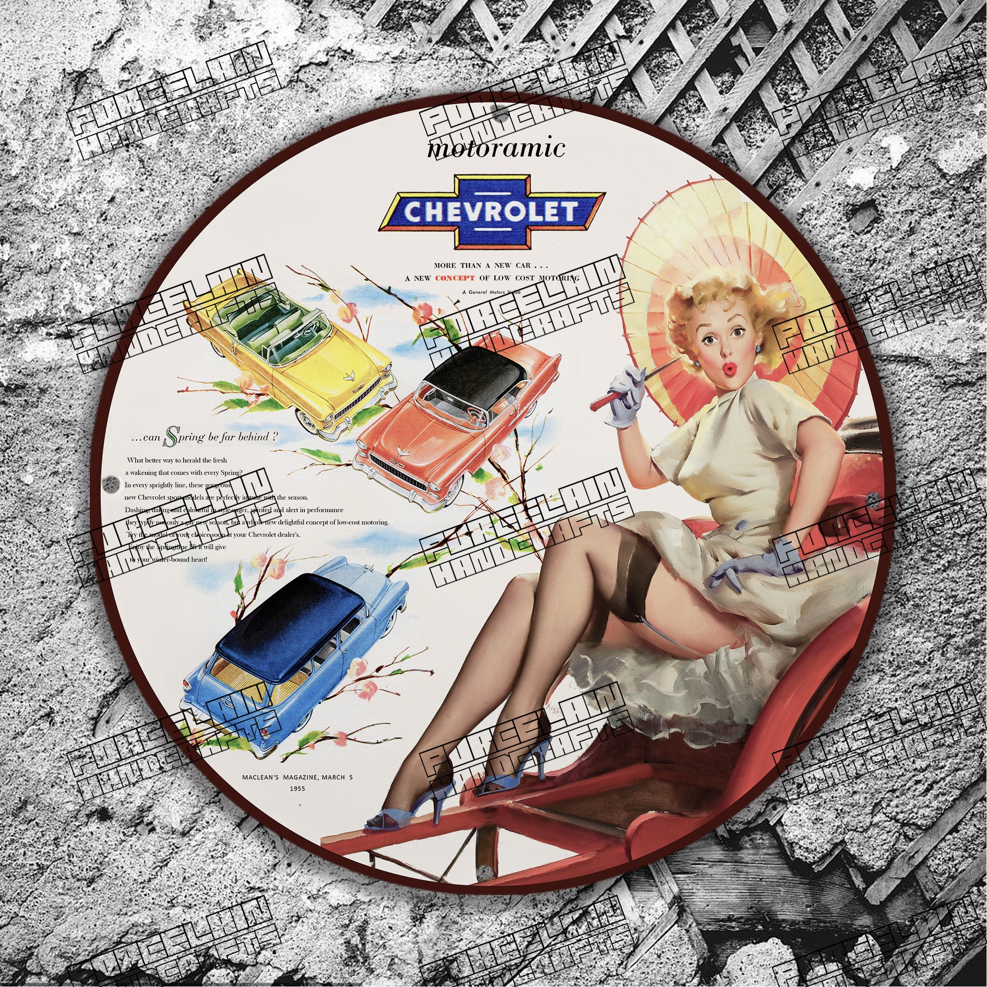 PINUP MOTORAMIC CHEVROLET YELLOW RED BLUE CAR PORCELAIN SIGN