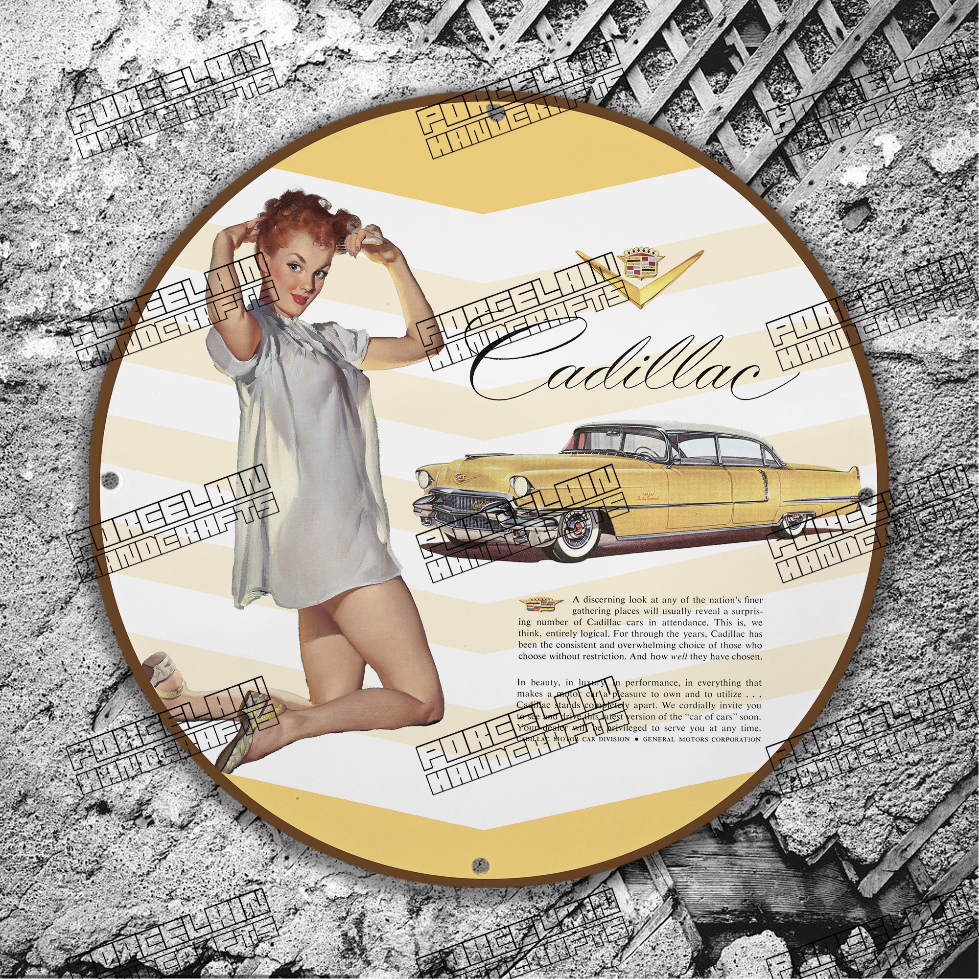 PINUP YELLOW CADILLAC MOTOR CAR 1902 PORCELAIN SIGN