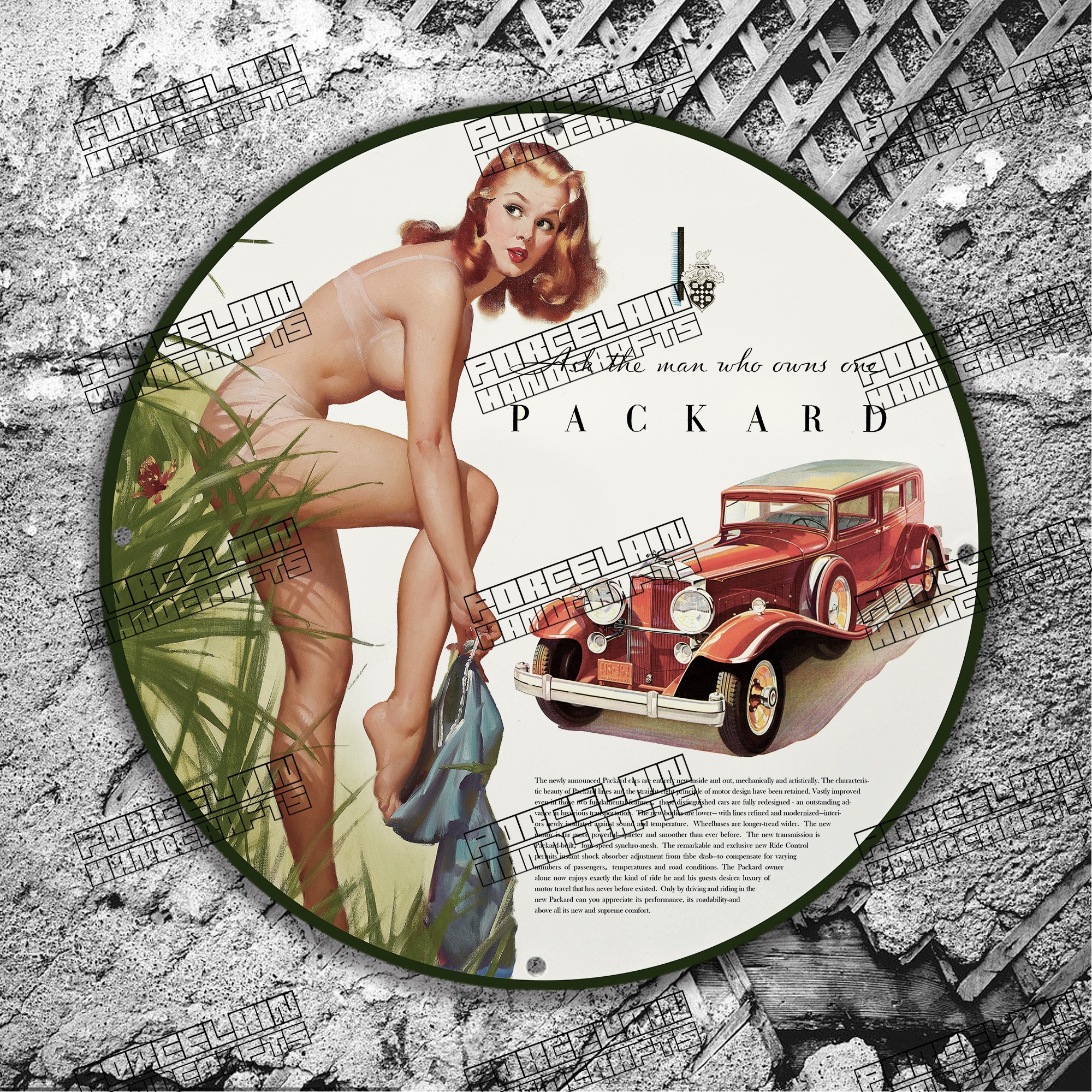 PINUP ASK THE MAN WHO OWNS ONE PACKARD RED CAR PORCELAIN SIGN