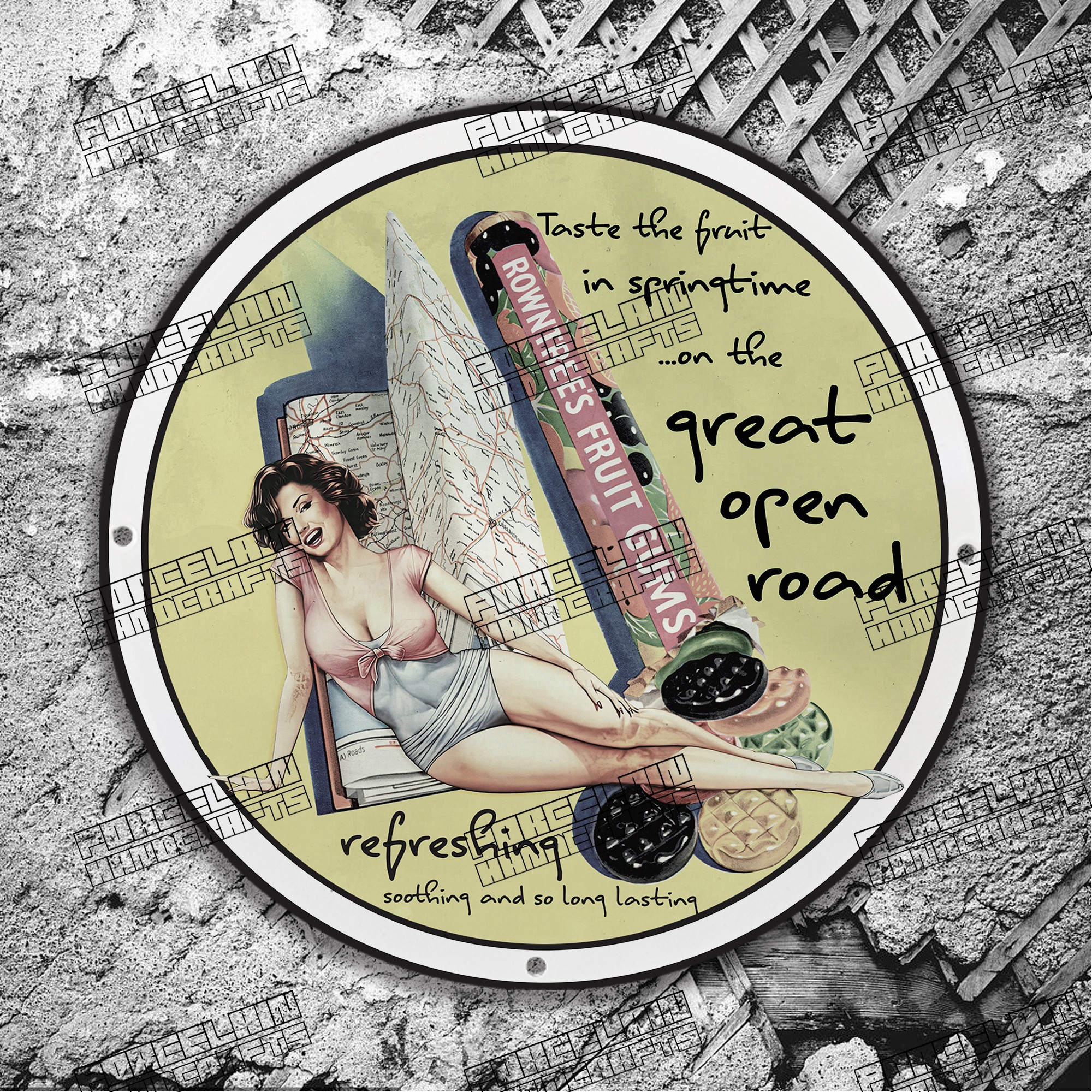 PINUP TASTE THE FRUIT GREAT OPEN ROAD GUMS PORCELAIN SIGN