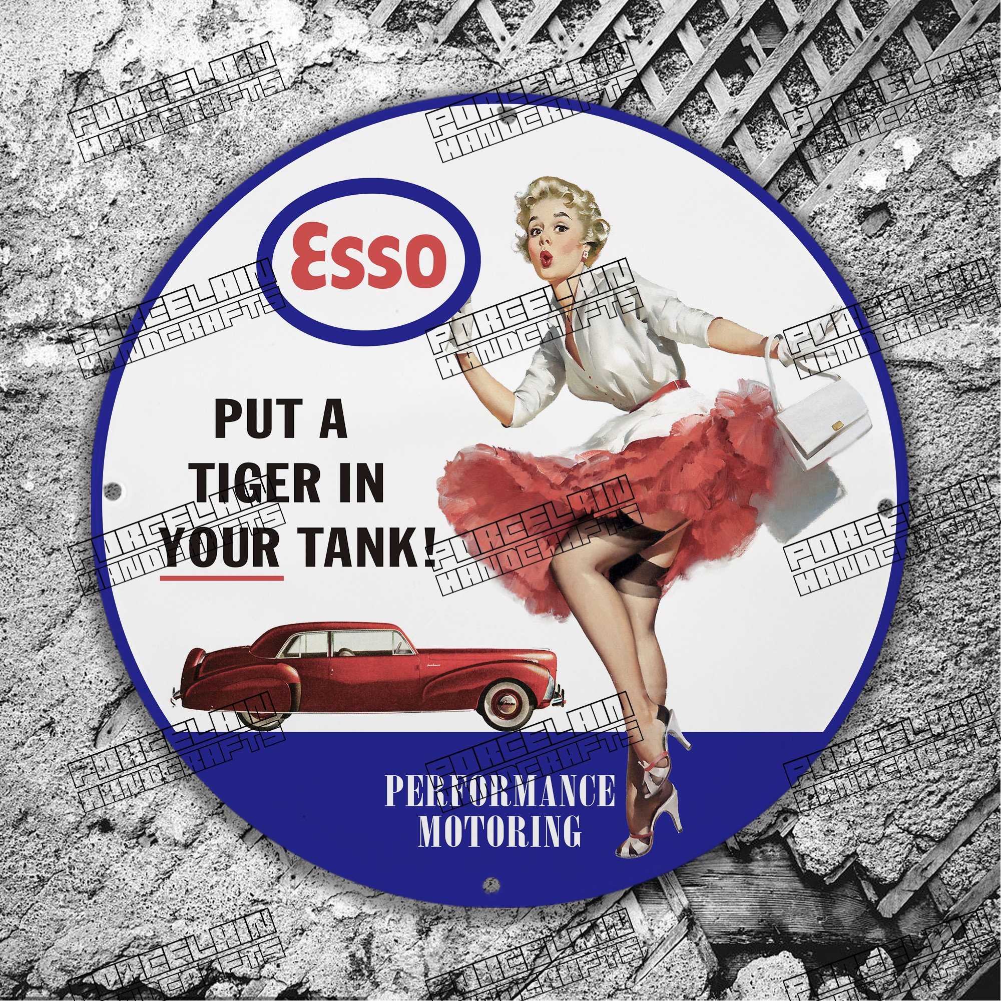 PINUP ESSO PERFORMANCE MOTORING TIGER IN YOUR TANK PORCELAIN SIGN
