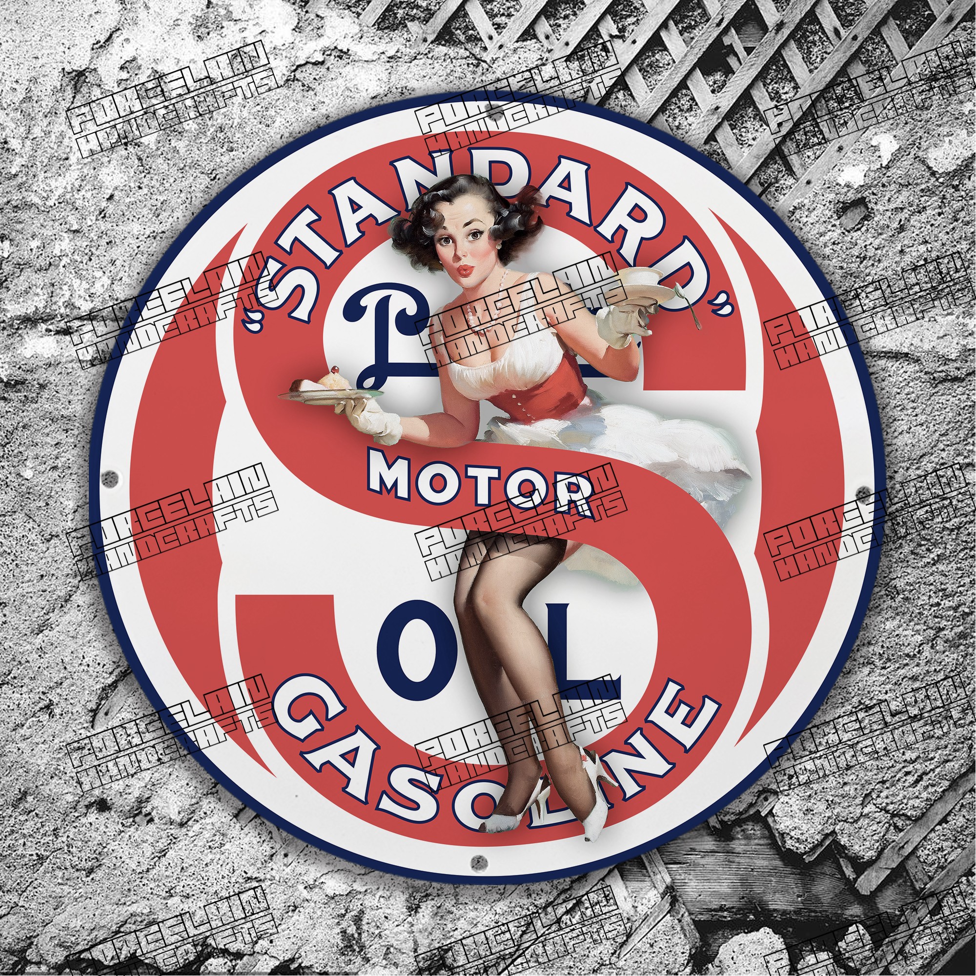 PINUP STANDARD MOTOR GASOLINE RED BLUE PORCELAIN SIGN