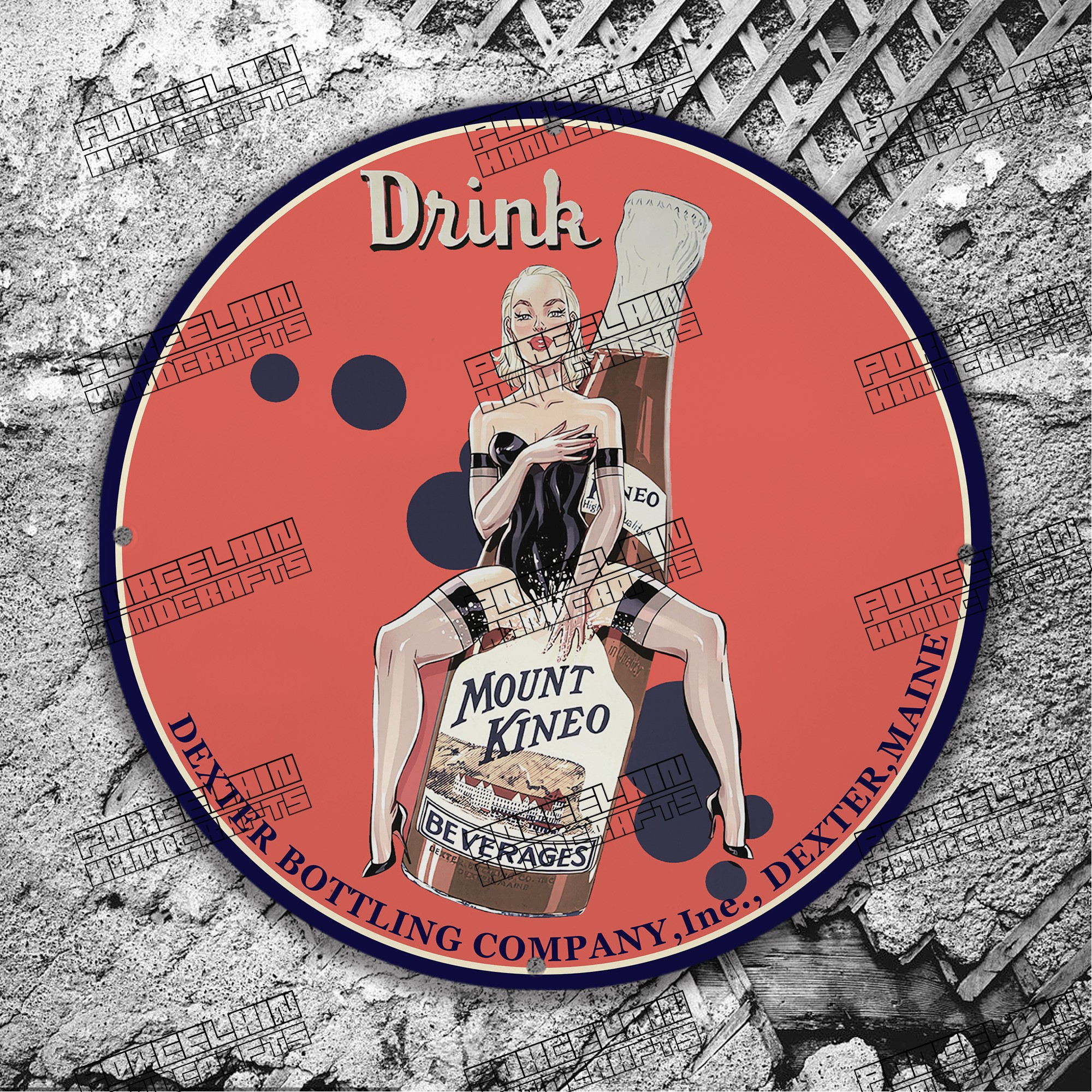 PINUP DRINK MOUNT KINEO BEVERAGES PORCELAIN SIGN