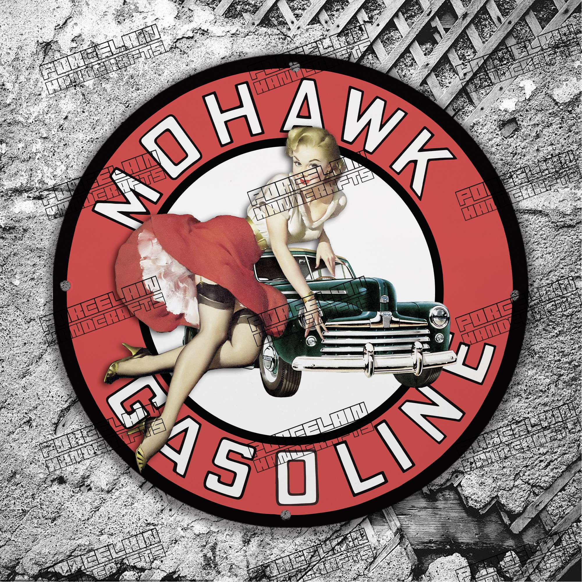 PINUP GREEN CAR MOHAWK GASOLINE PORCELAIN SIGN