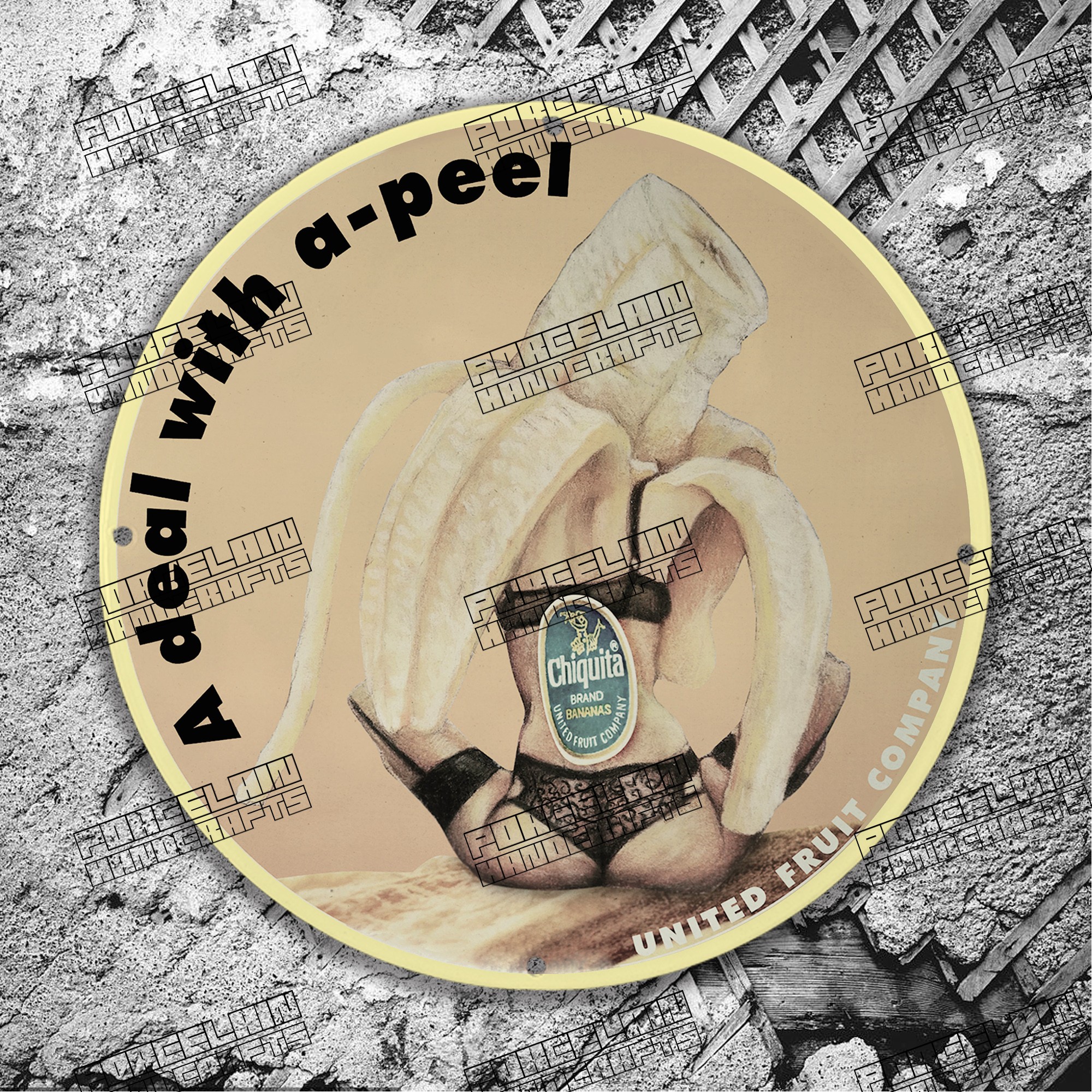 PINUP YELLO BANANA A-PEEL CHIQUITA FRUIT COMPANY PORCELAIN SIGN