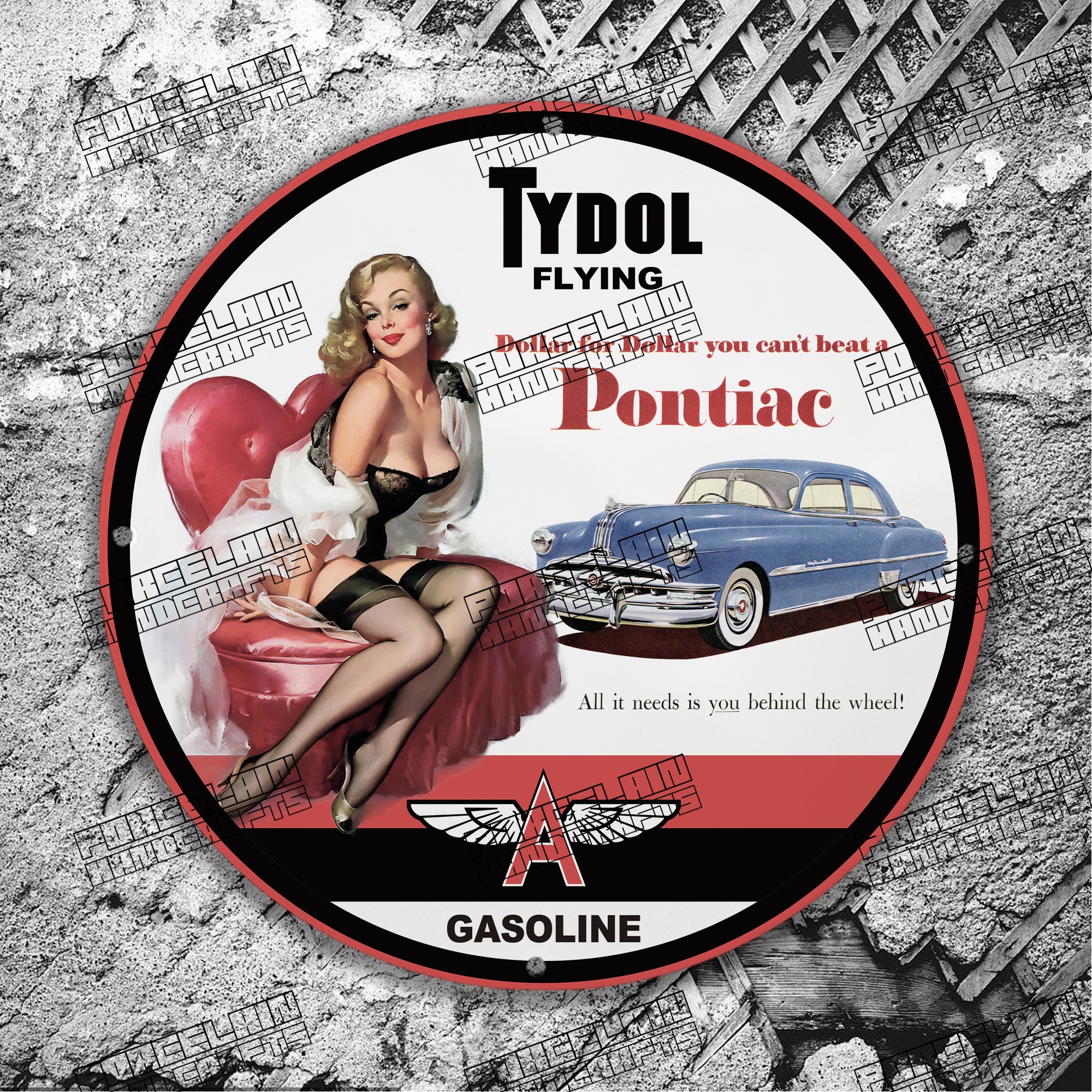 PINUP TYDOL FLYING PONTIAC GASOLINE PORCELAIN SIGN
