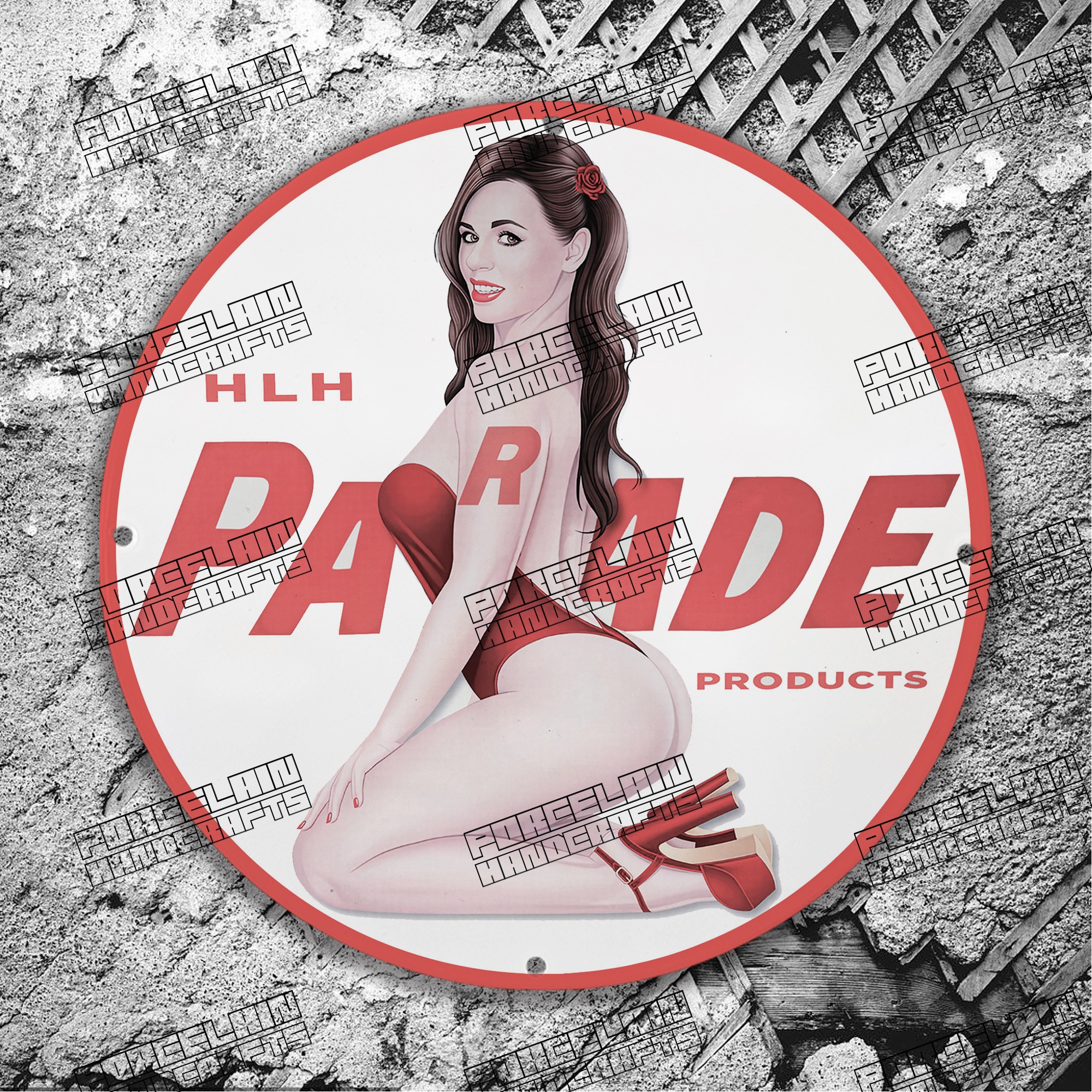 PINUP HLH PARADE PRODUCTS RED FLOWER PORCELAIN SIGN