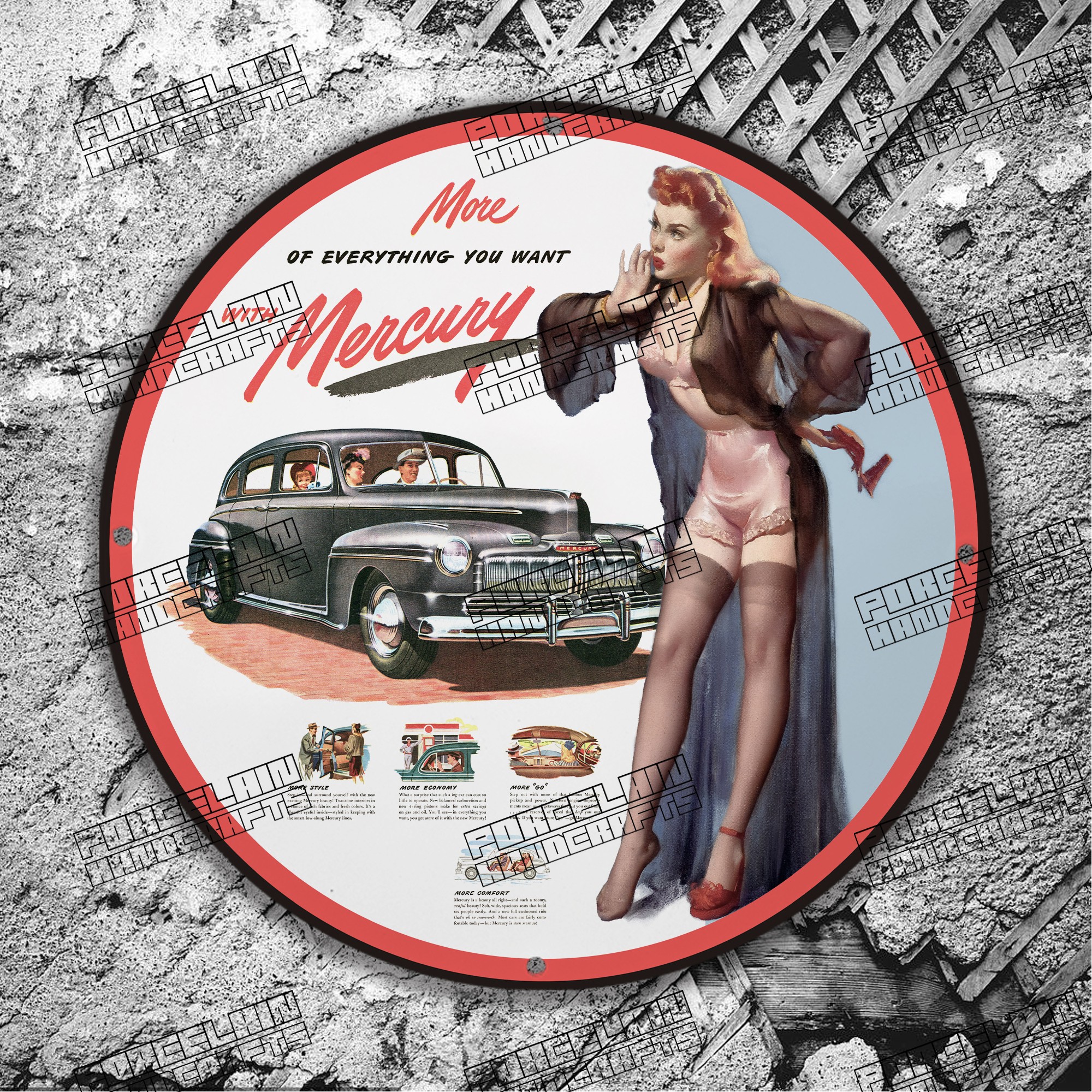 PINUP MORE WITH MERCURY EVERYING YOU WANT CAR PORCELAIN SIGN