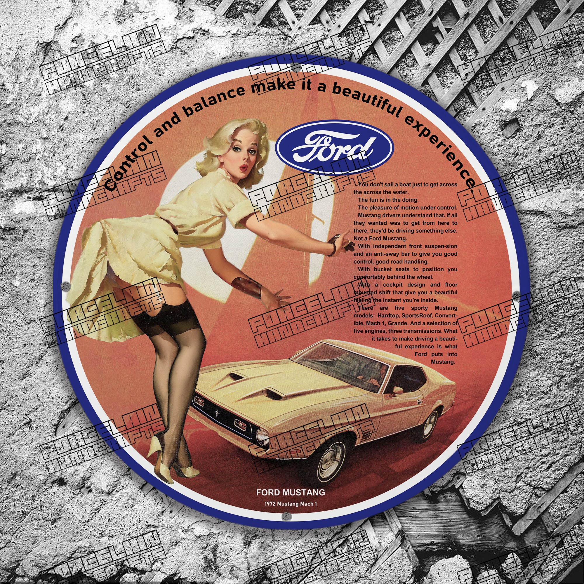 PINUP FORD CONTROL AND BALANCE MAKE BEAUTIFUL EXPERIENCE PORCELAIN SIGN