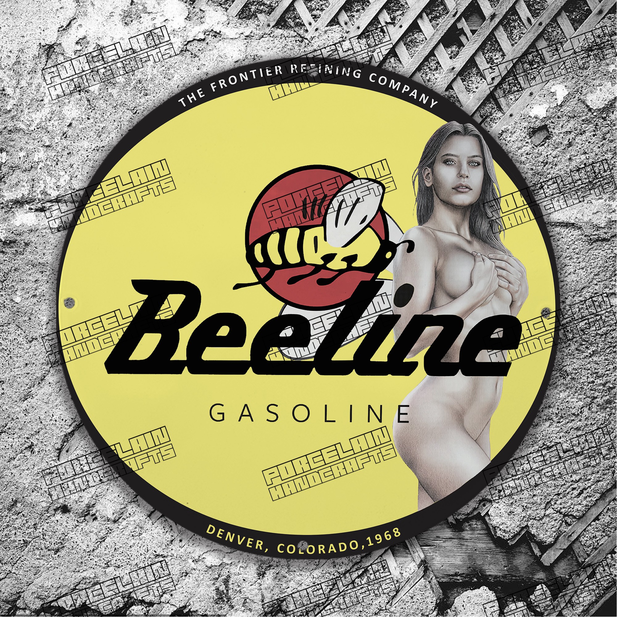 PINUP BEELINE YELLOW BEE GASOLINE PORCELAIN SIGN