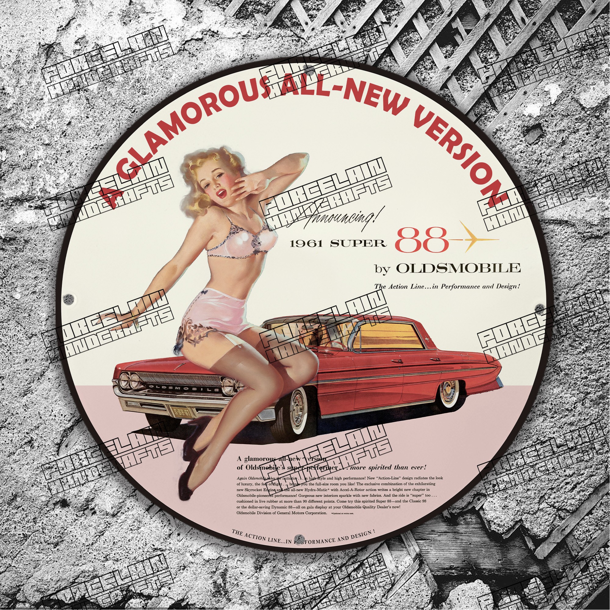 PINUP GLAMOROUS 1961 SUPER 88 BY OLDSMOBILE PORCELAIN SIGN