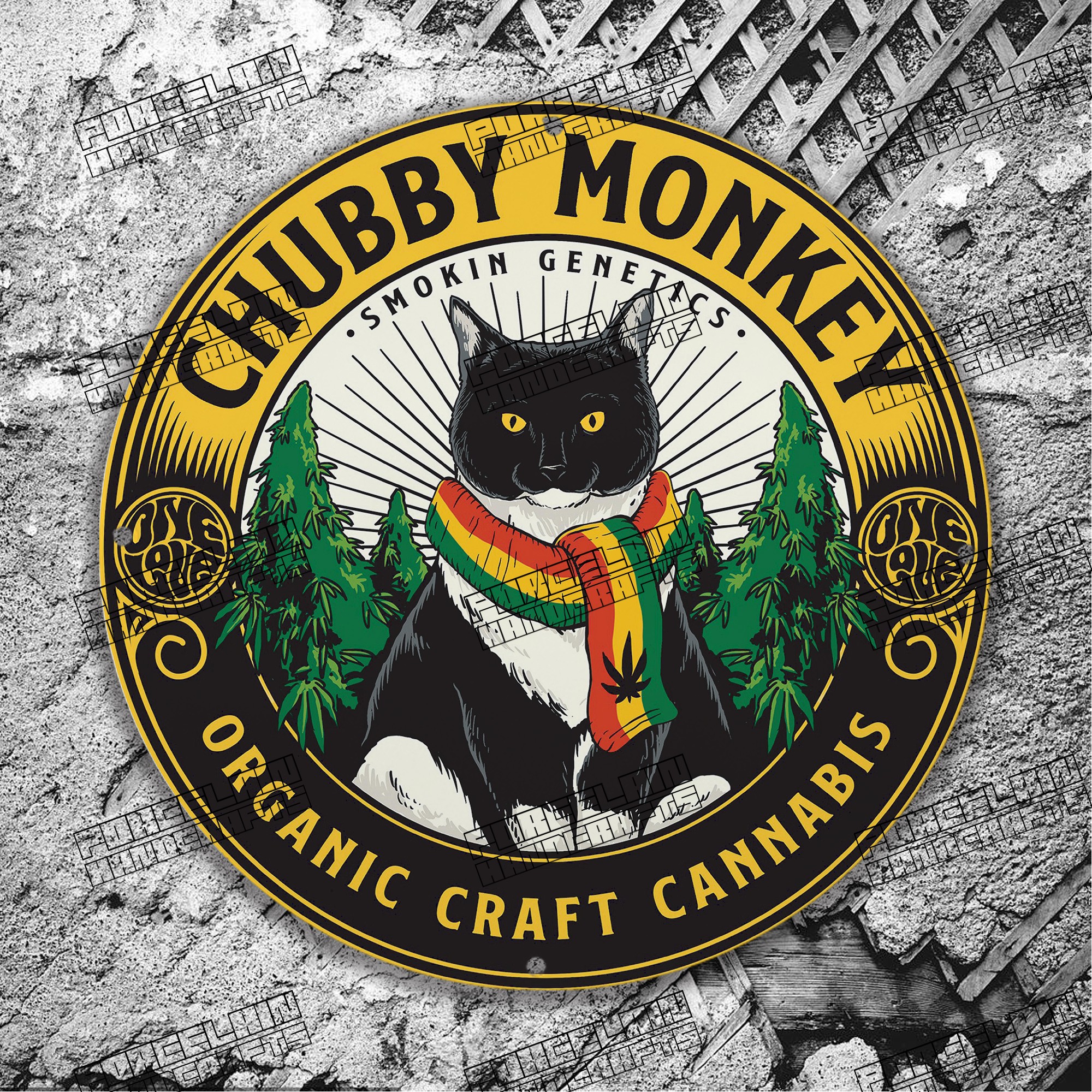 VINTAGE DHUBBY MONKEY SMOKIN GENETICS CAT PORCELAIN SIGN