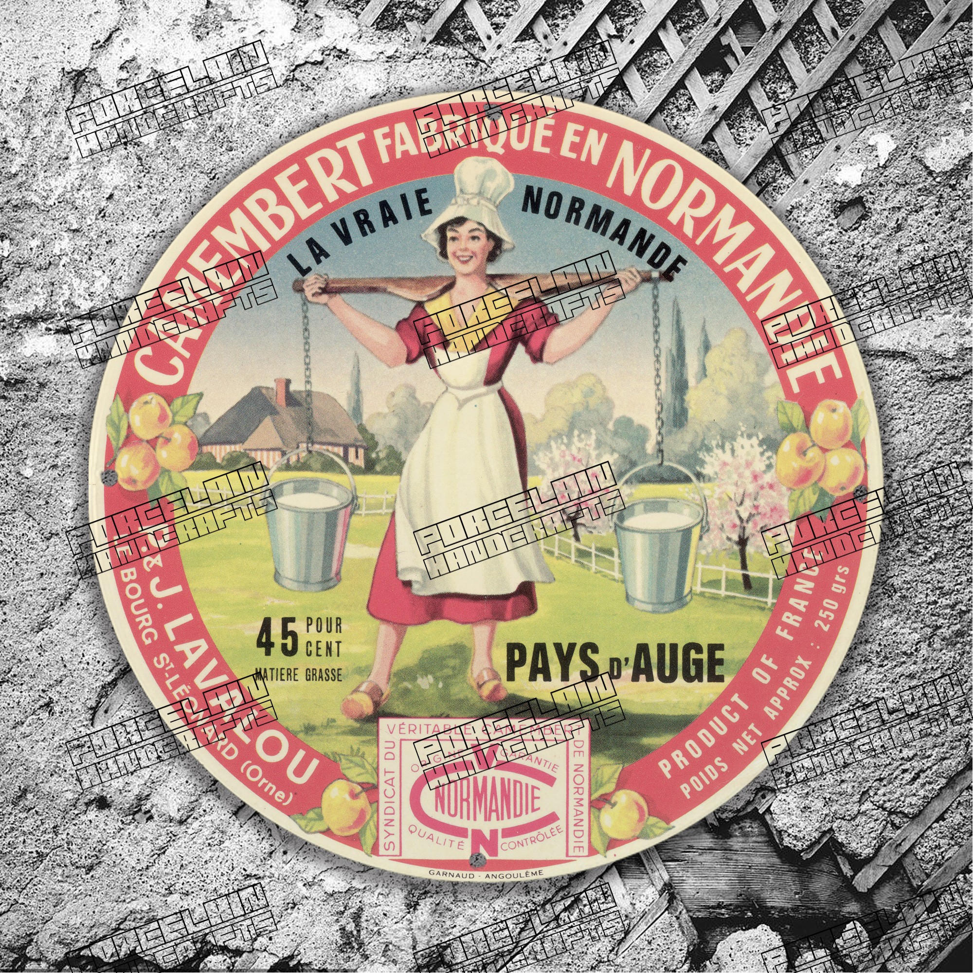 VINTAGE CAMEMBERT FABRIQUE EN NORMANDIE PORCELAIN SIGN