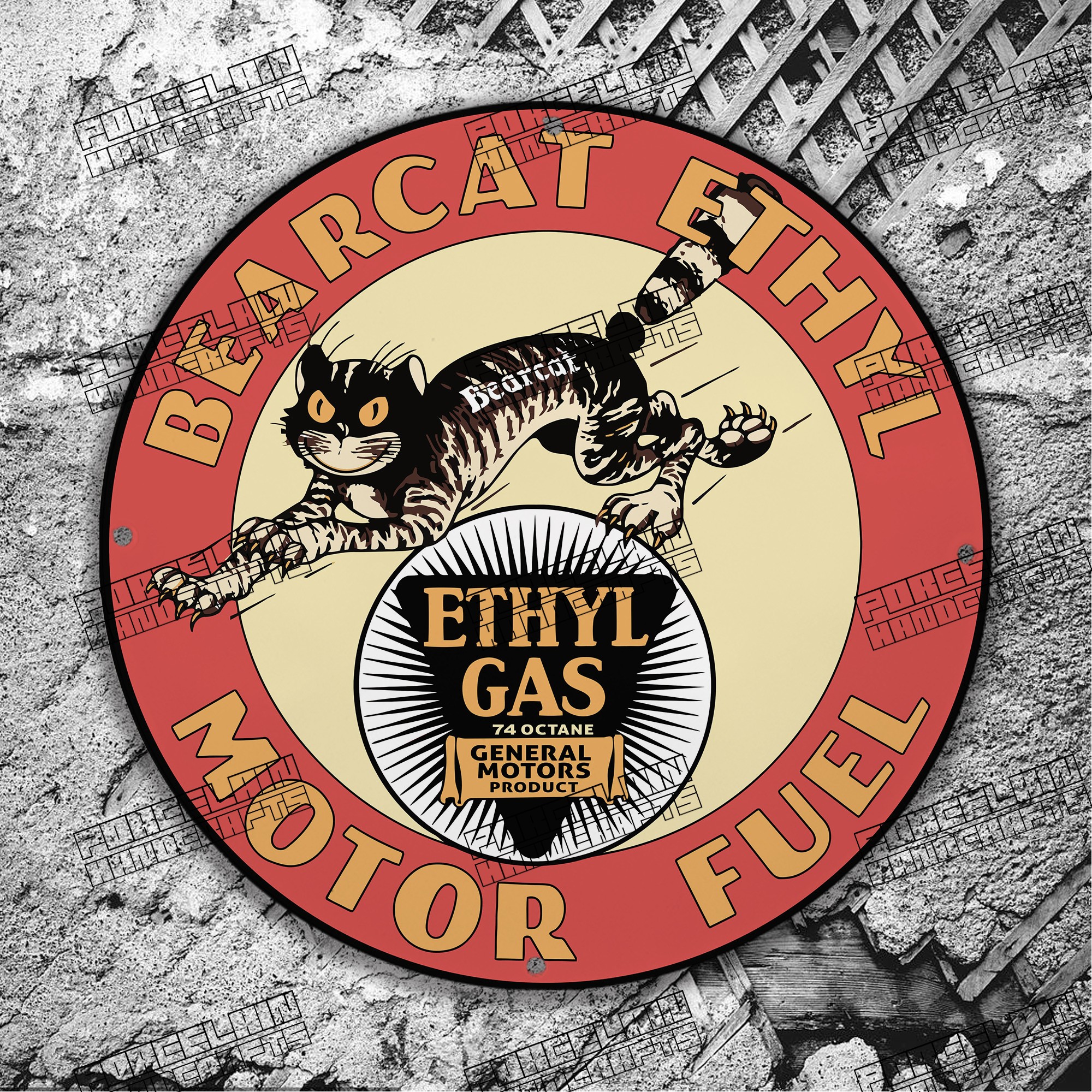 VINTAGE 74 OCTANE ETHYL GAS MOTOR FUEL BEARCAT PORCELAIN SIGN