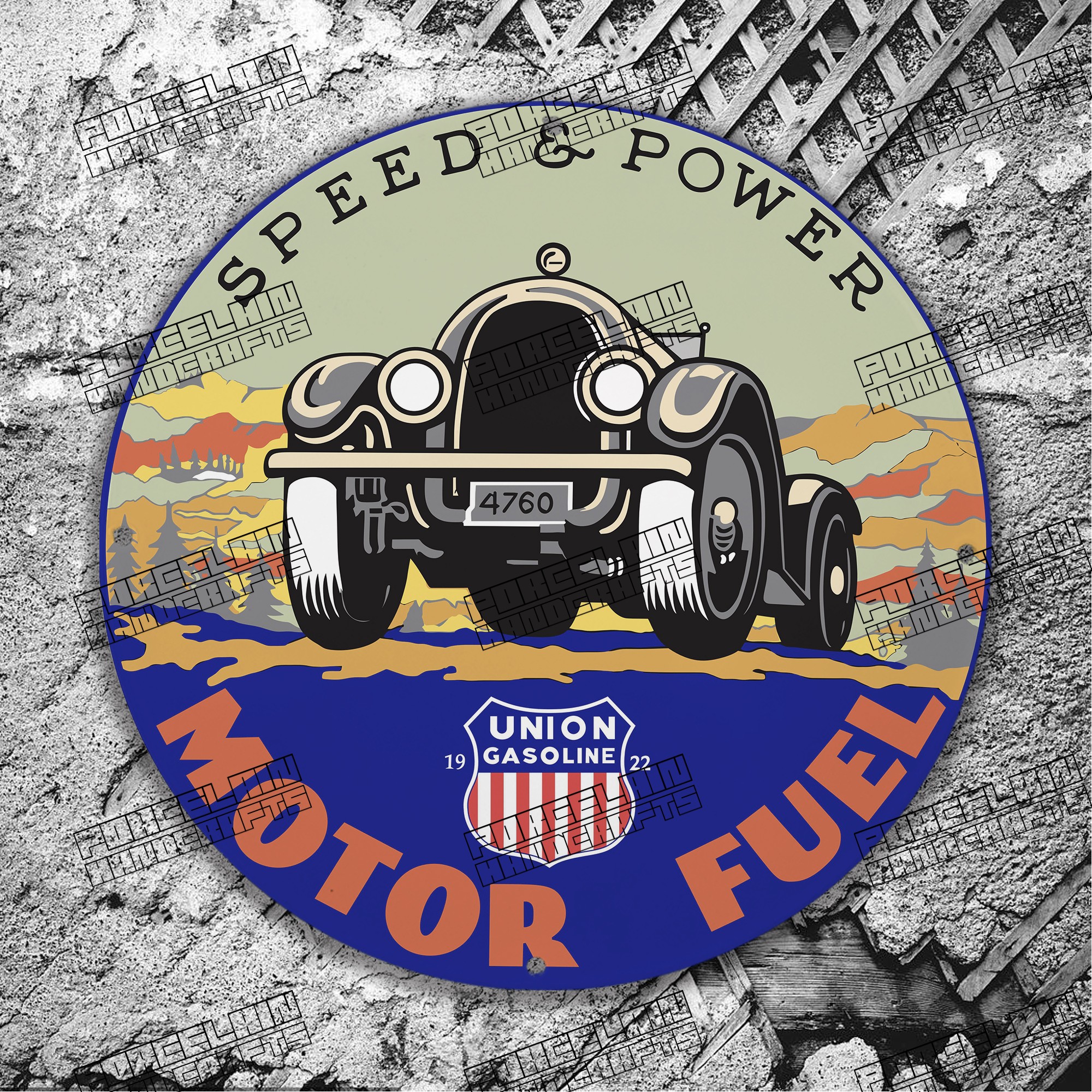 VINTAGE SPEED POWER UNION GASOLINE 1922 MOTOR PORCELAIN SIGN