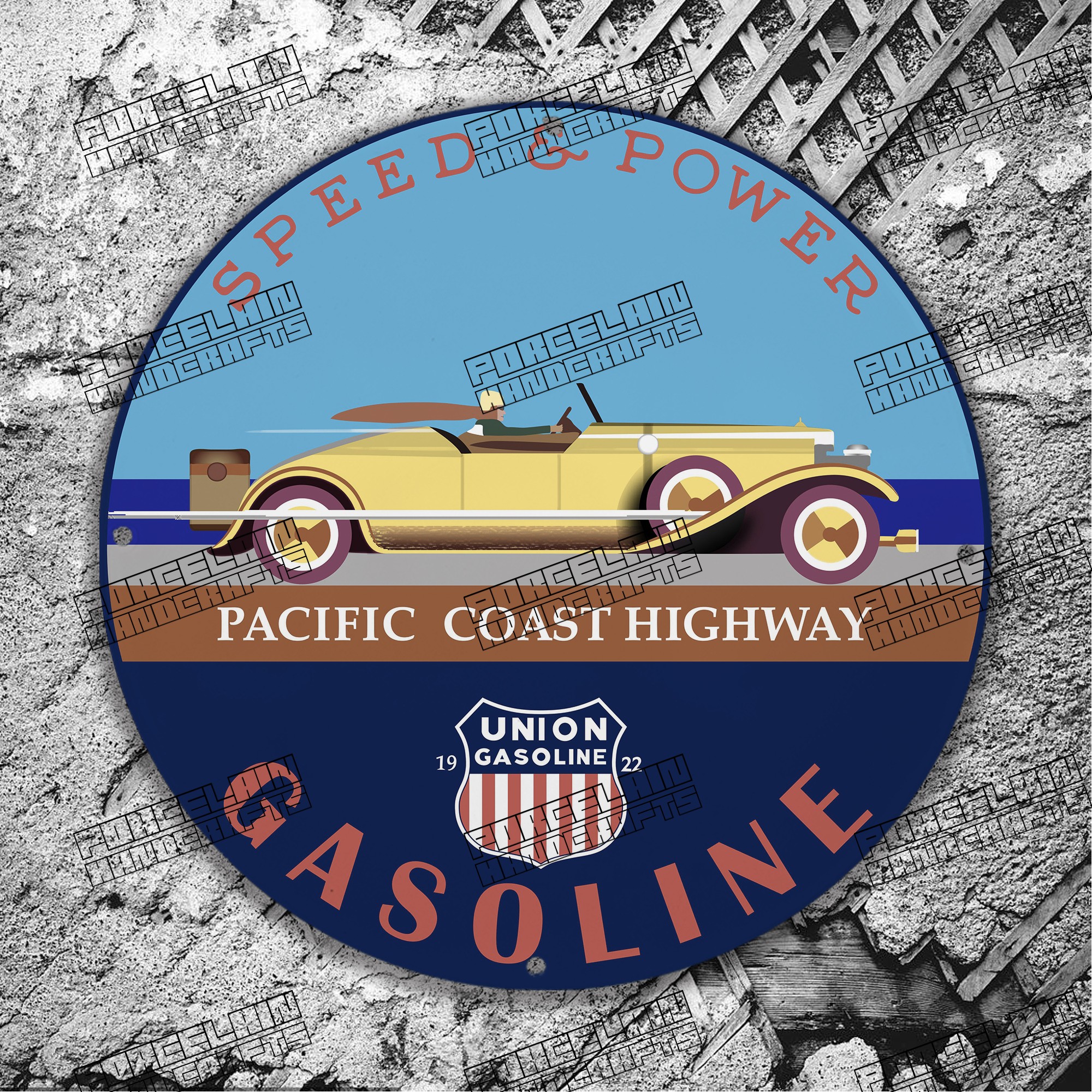 VINTAGE SPEED POWER UNION GASOLINE 1922 MOTOR COAST PORCELAIN SIGN