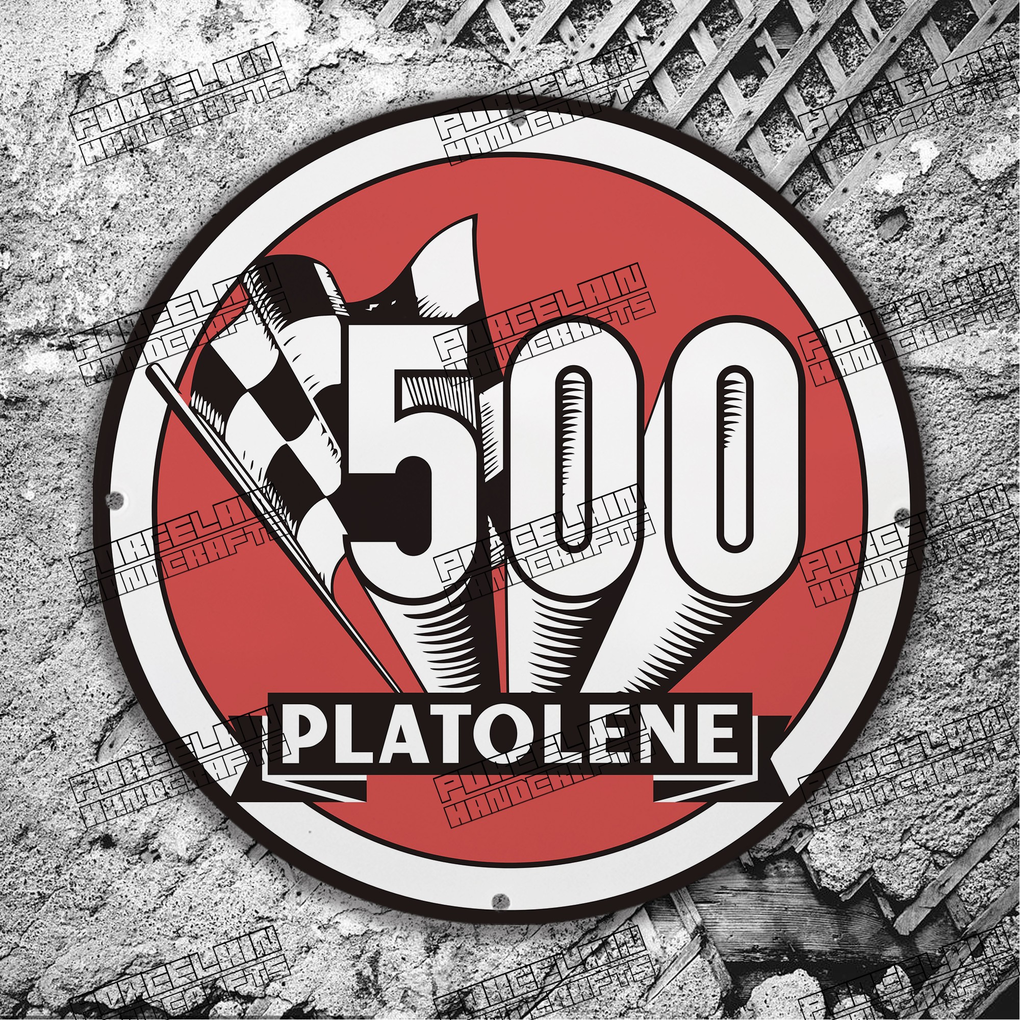 VINTAGE RACE 500 BLACK RED WHITE PLATOLENE PORCELAIN SIGN
