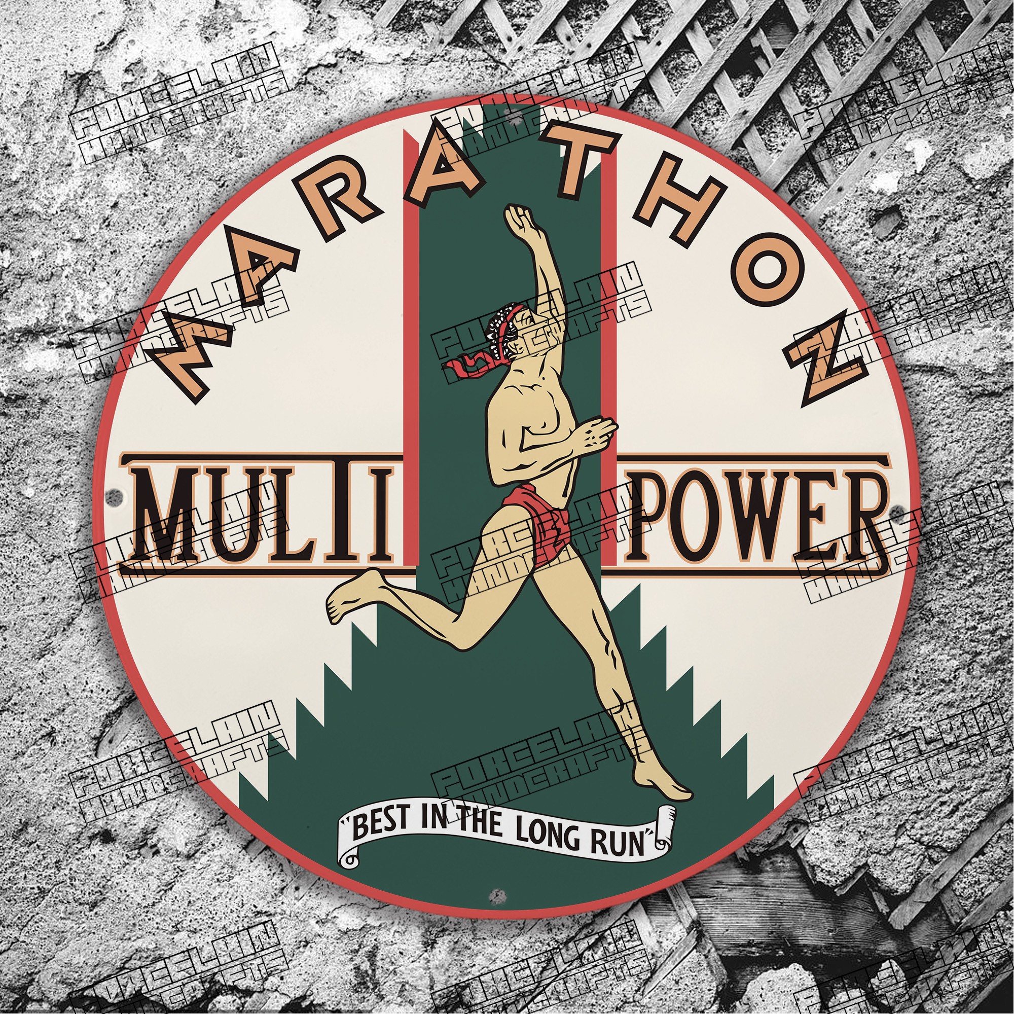 VINTAGE MARATHON MU POWER LONG RUN PORCELAIN SIGN