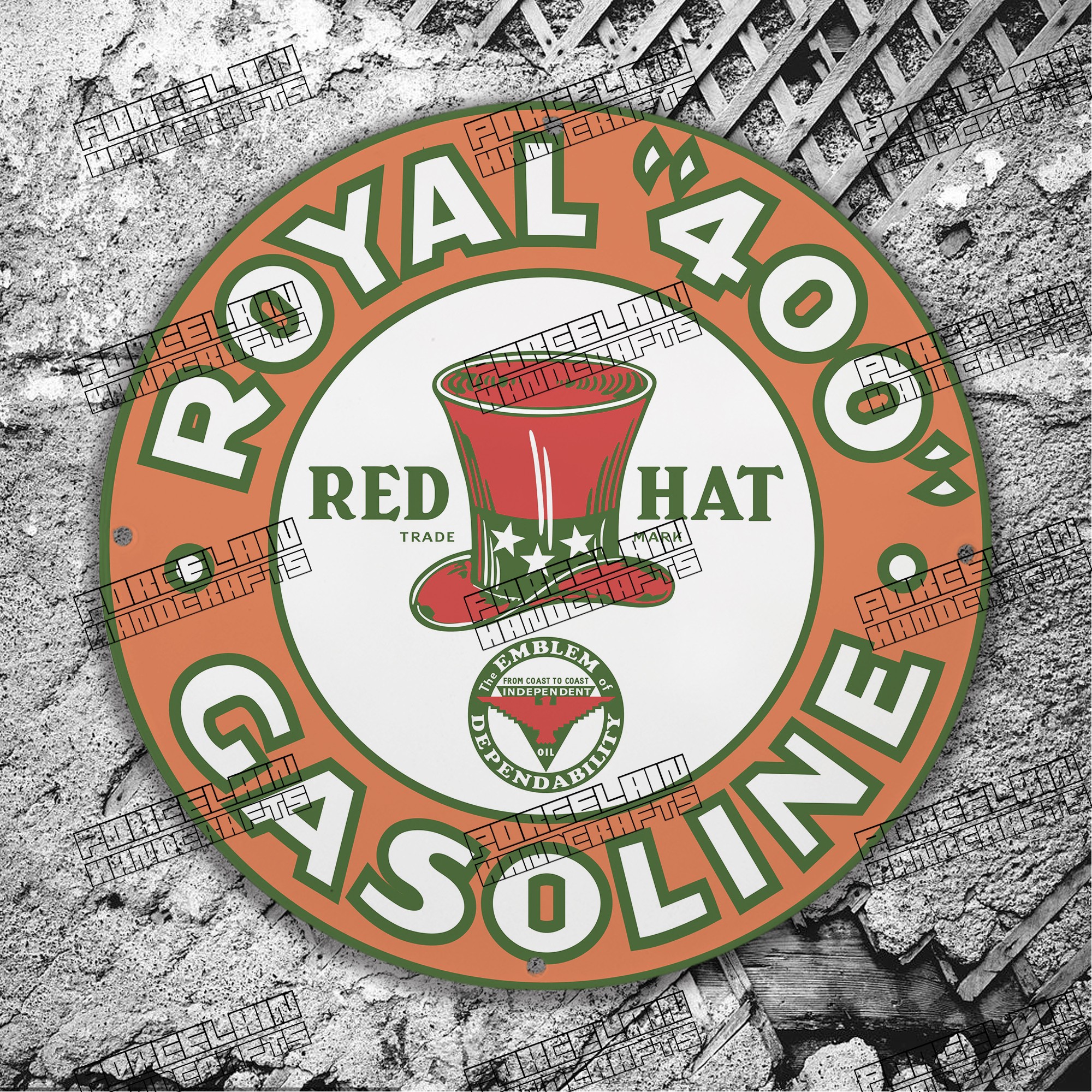 VINTAGE ROYAL 400 RED HAT EMBLEM GASOLINE PORCELAIN SIGN