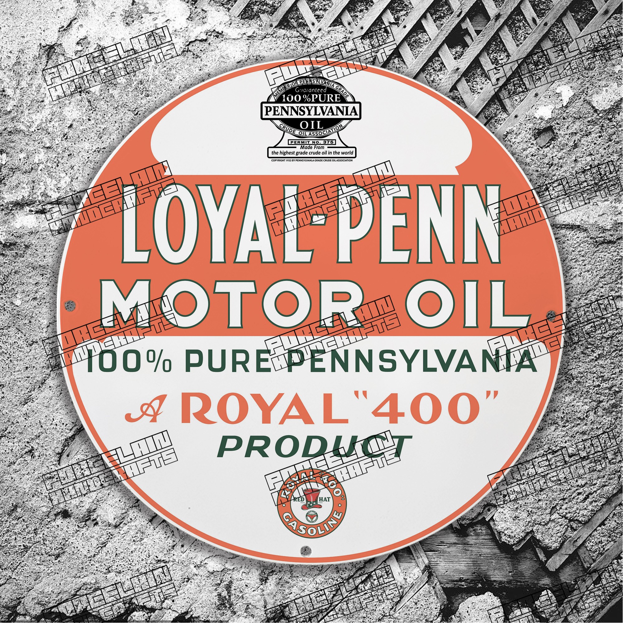 VINTAGE LOTAL PENN MOTOR OIL ROYAL 400 RED HAT PORCELAIN SIGN