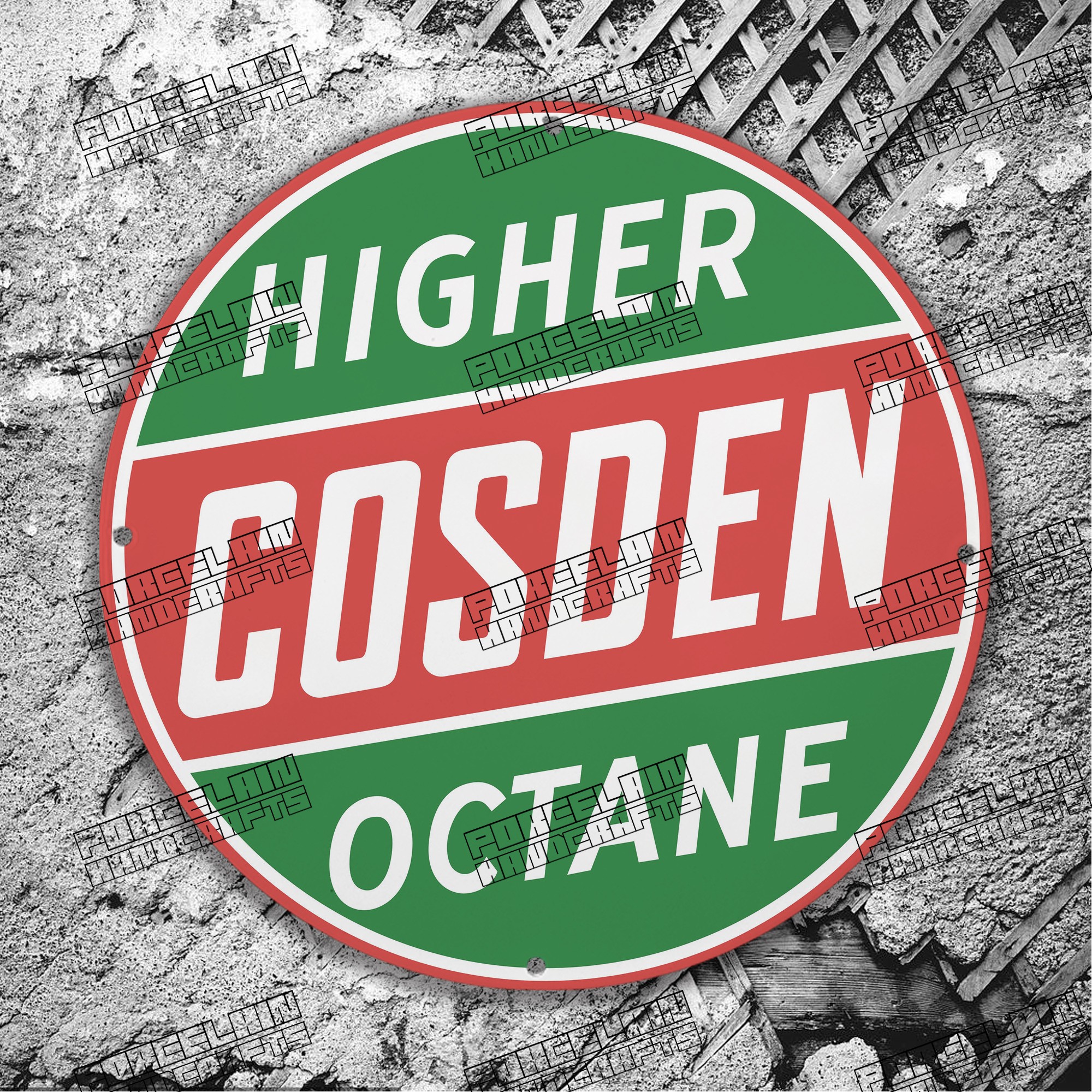 VINTAGE HIGHER COSDEN OCTANE GREEN RED PORCELAIN SIGN