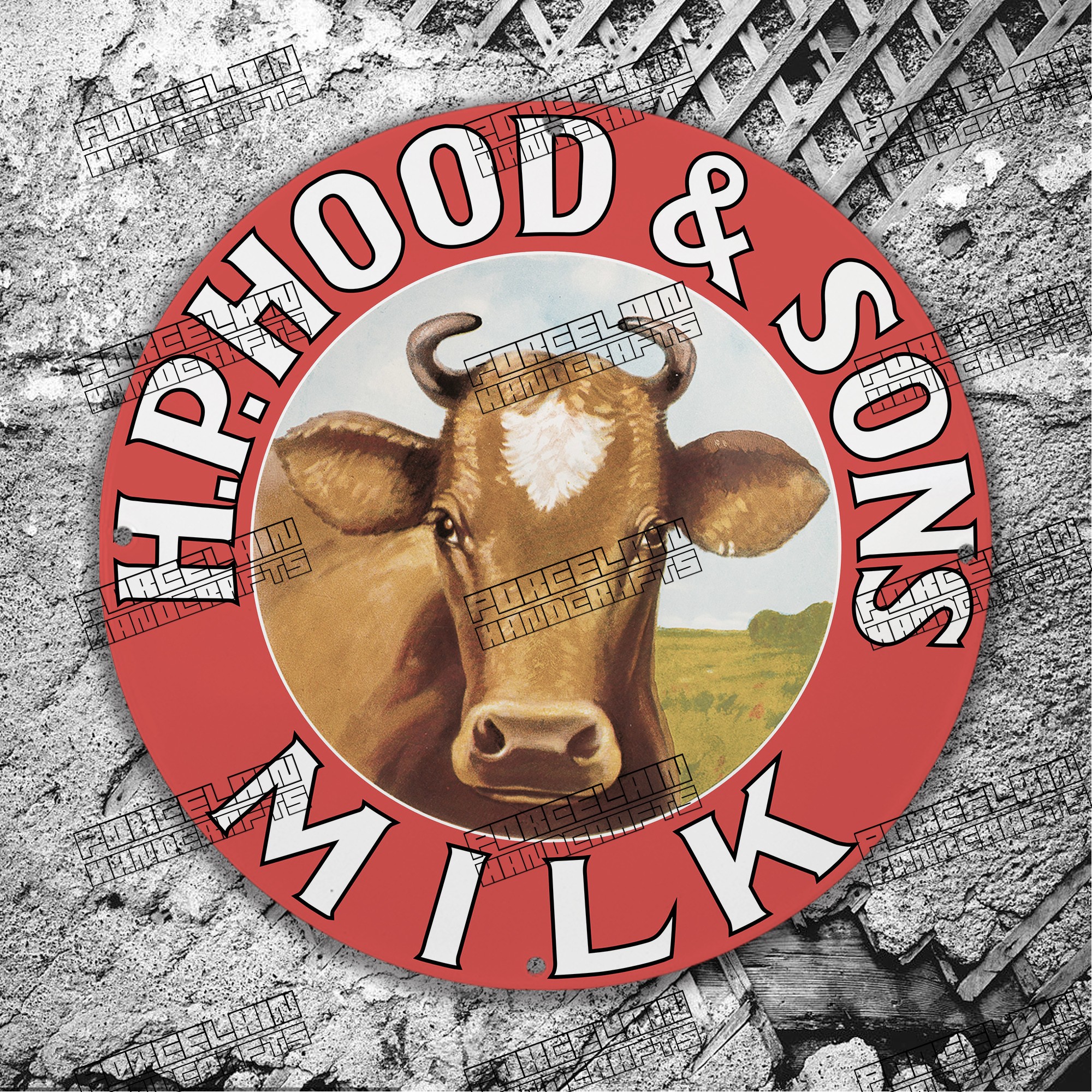 VINTAGE H.P.HOOD SONS MILK COW PORCELAIN SIGN