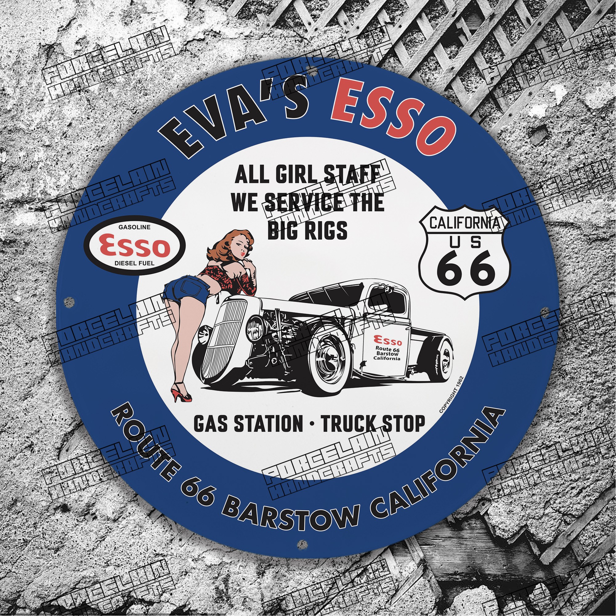 VINTAGE EVA'S ESSO ROUTE 66 BARSTOW CALIFORNIA PORCELAIN SIGN