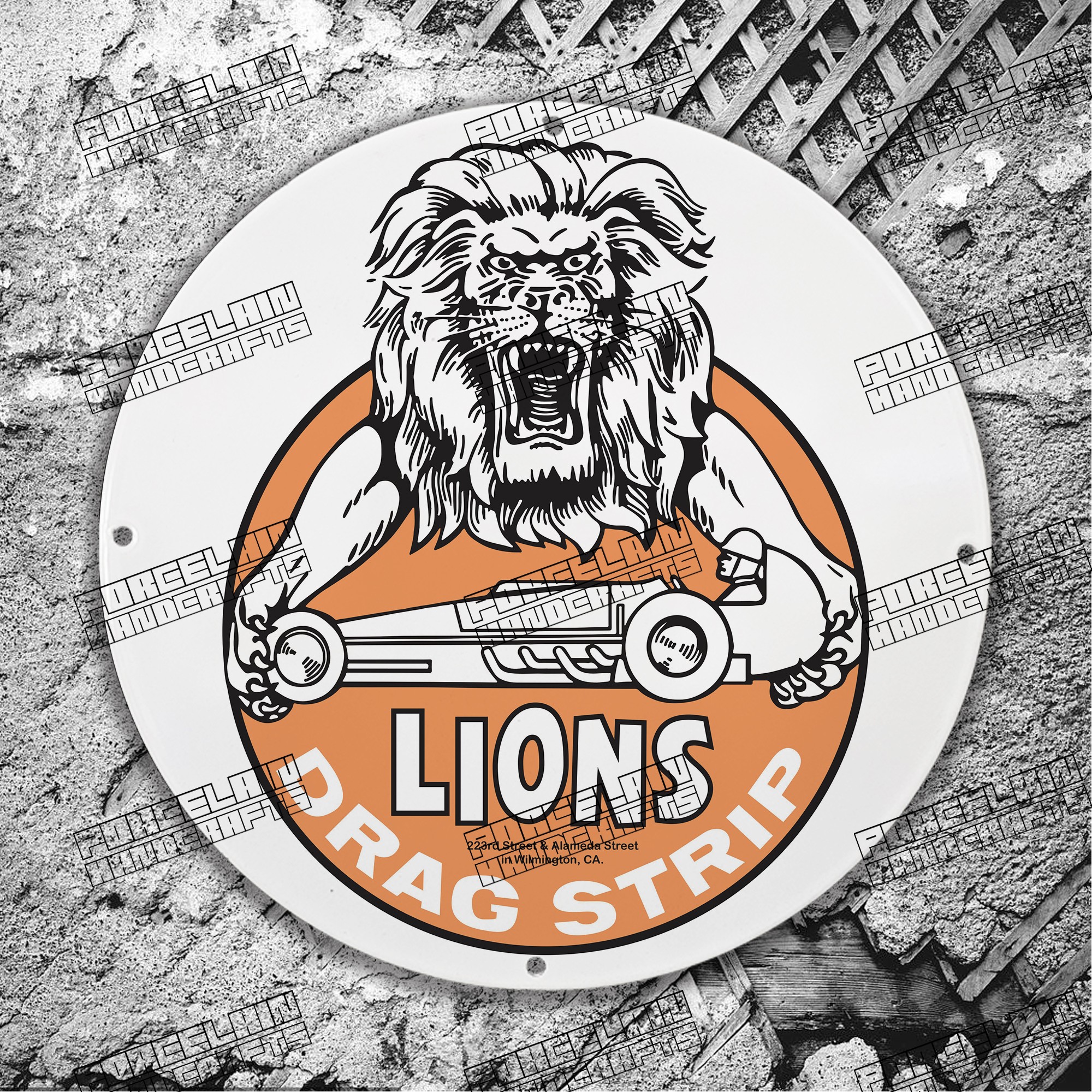 VINTAGE DRAG STRIP LIONS ORANGE CAR PORCELAIN SIGN