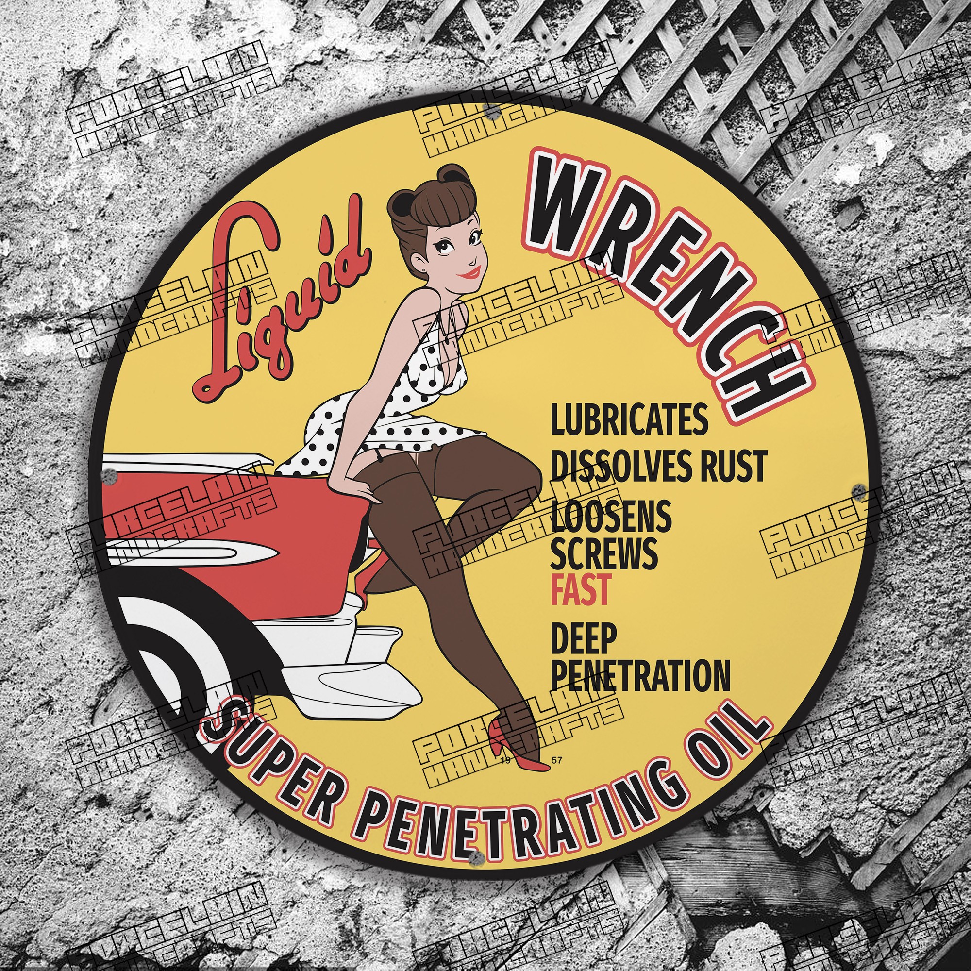 VINTAGE WRENCH SUPER PENETRATING OIL GIRL PORCELAIN SIGN