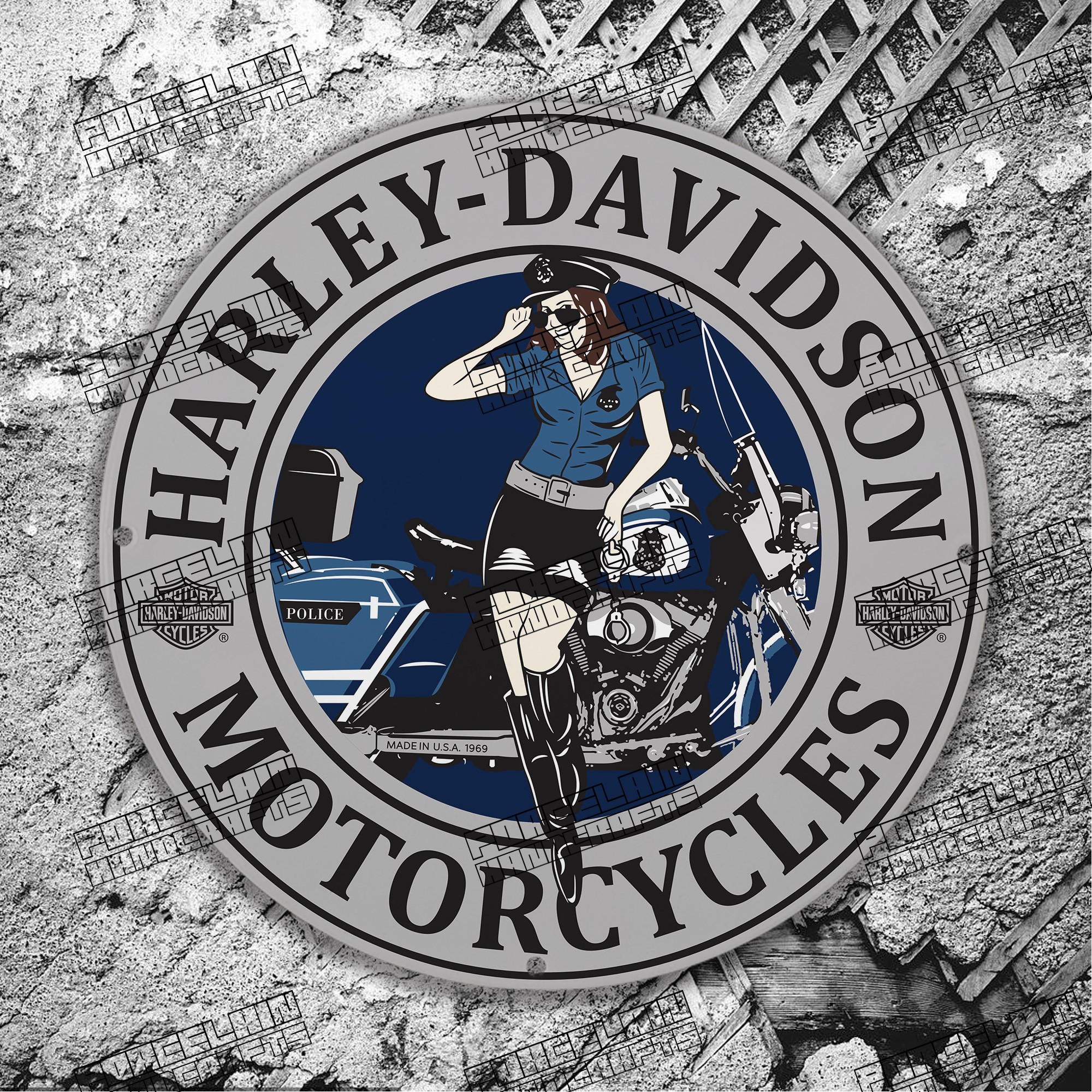 VINTAGE GREY HARLEY DAVIDSON MOTORCYCLES PORCELAIN SIGN