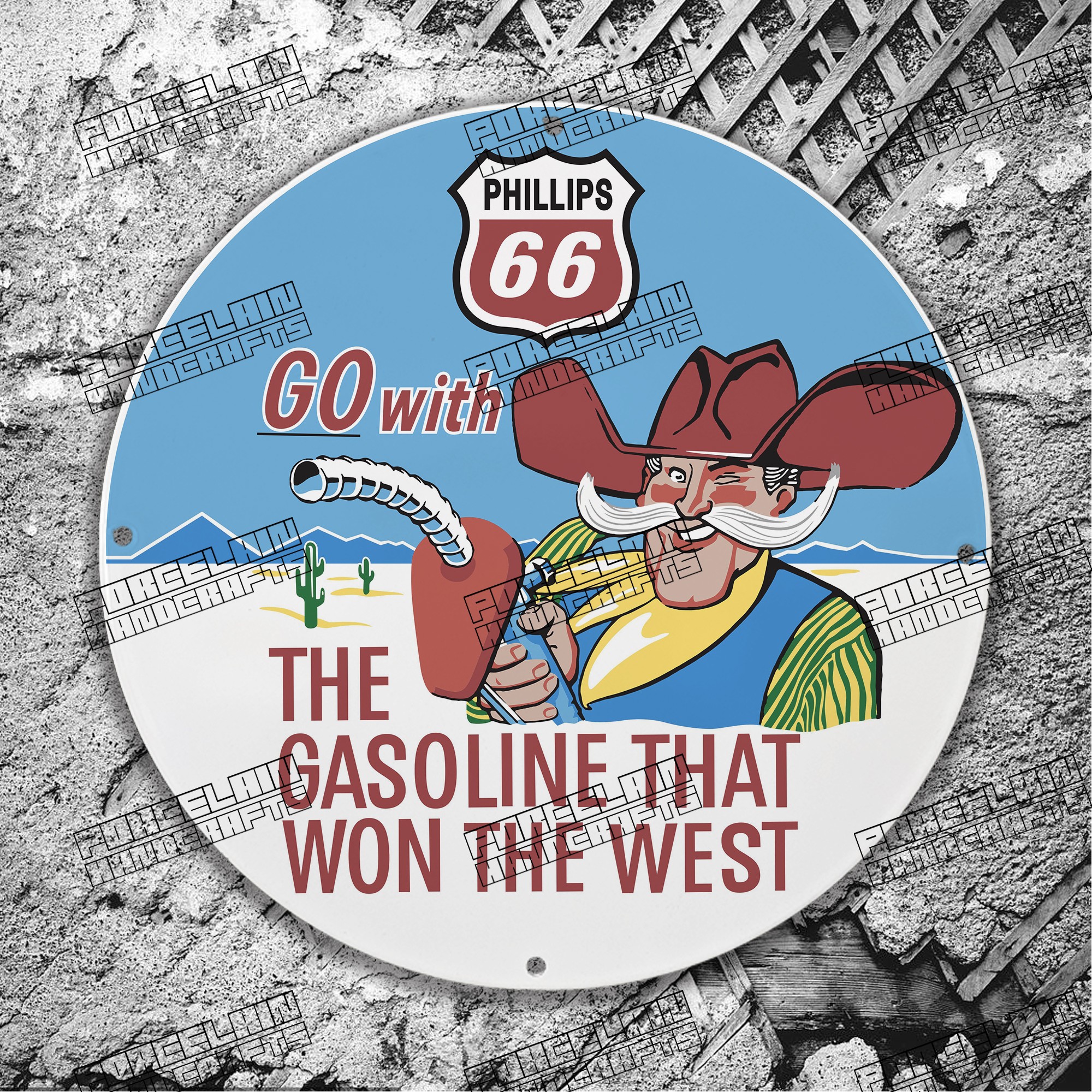 VINTAGE PHILLIPS 66 GO WITH GASOLINE WON THE WEST PORCELAIN SIGN