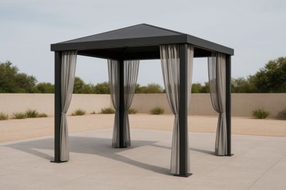 Pavillon de jardin aluminium avec rideaux en polyester 3x3×2.5m Gris