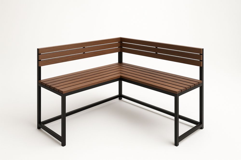 Banc d'angle extérieur avec structure en acier et assise en bois composite