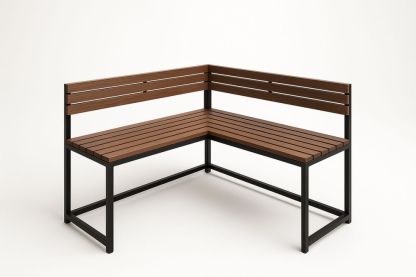 Banc d'angle extérieur avec structure en acier et assise en bois composite