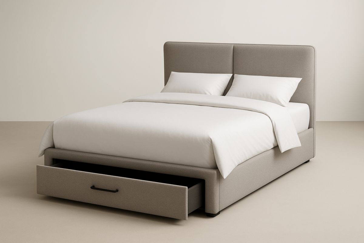 Lit double en tissu avec tiroir de rangement
